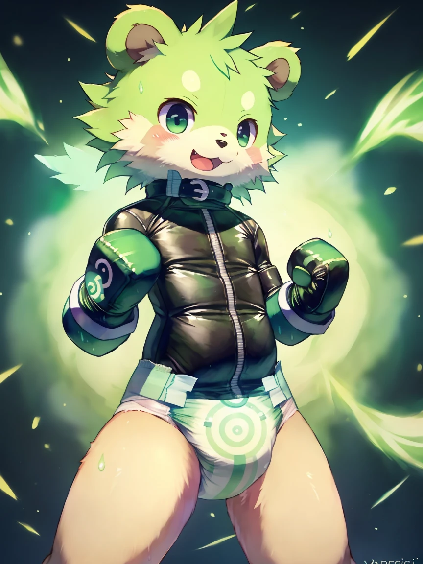 ((by wadorigi on Twitter)(tanuki)), pokemon, kid proportions, cute, adorable  , thin thighs, light green fur, surrounded by glowing green spiral whirlwind, wearing soggy messy diaper leotard straitjacket, (leather cube shaped padded  fist mitts), leather wrist cuffs, standing