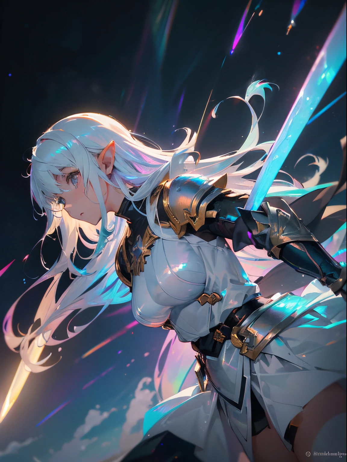 asunayuuki, With two swords, White combat uniform, Sword Art Online Arisesion, Red strokes that simulate the speed of the character, Battle Mode, (Ultra-realistic), {extremely detailed 8k CG unit wallpaper}, Vast landscape photos, (A central view that prioritizes the entire character, (Wide Open Field View), (low angle shot), (highlight: 1.5), (low illuminance: 1.0), (Warm light source: 1.0), intricate-detail, (Iridescent colors: 1.5), (Bright lighting), (Atmospheric lighting), Sword Art Online, Dreamy, Anime、Anime girl with sword and armor in her hands, cushart krenz key art feminine, portrait knights of zodiac girl, White armor, armor girl, Dressed in light armor, knights of zodiac girl, Gorgeous Female Paladin, Detailed key anime art, alluring elf princess knight, she holds a sword, crisp clear rpg portrait, in opal armor、