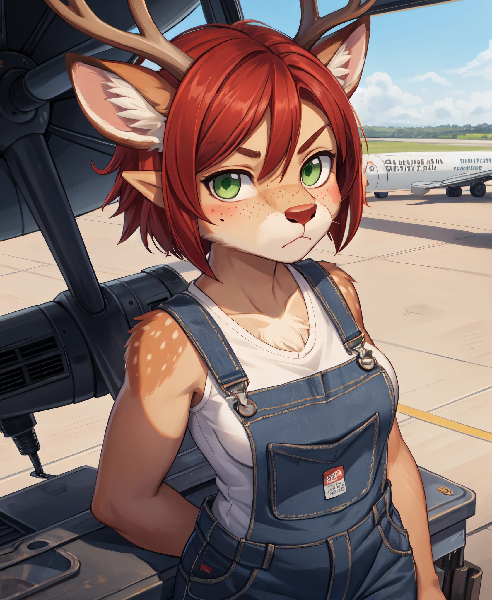 body, whiskers, deer, red hair, (((messy bob hair style))), short hair, fluffy, (antlers), freckles, ((furry)), green eyes, (((blush))), pointy ears, red nose, small breast, frowning wearing ripped overalls, working on airplane motor, ((pouting)) mechanic tools in hand, airplane in the background, wrenches, screwdrivers, under boob, grease stains, view from above, jet engine, airport, looking at camera