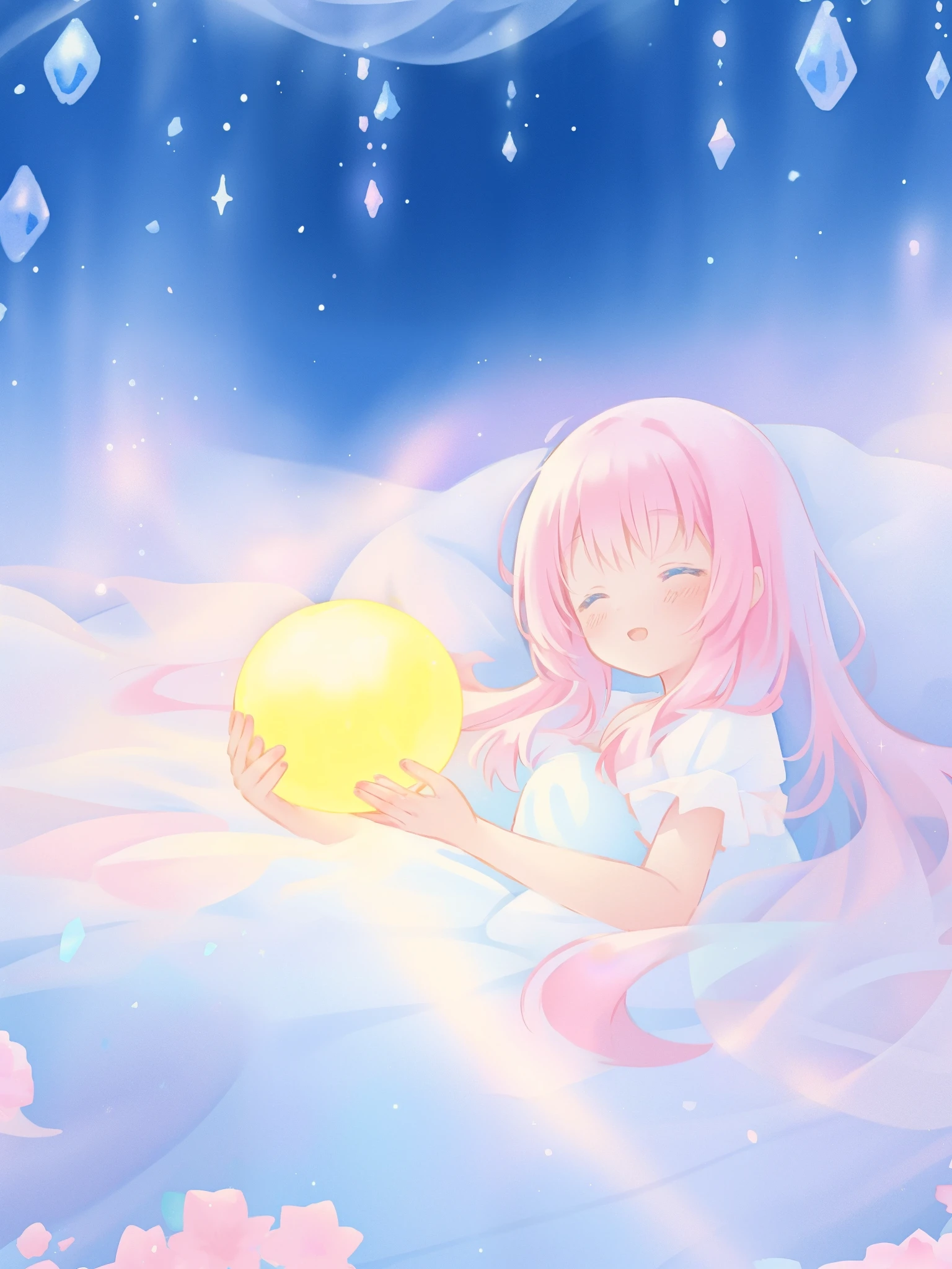 beautiful girl in sparkling white dress holding a magical sphere, ((sparkling puffy layered ballgown)), (magical, whimsical), (glowing magical orb), long flowing colorful hair, colorful fantasia background, watercolor illustration, disney art style, glowing aura around her, glowing lights, beautiful digital illustration, fantasia otherworldly landscape plants flowers, beautiful, masterpiece, best quality, anime disney style