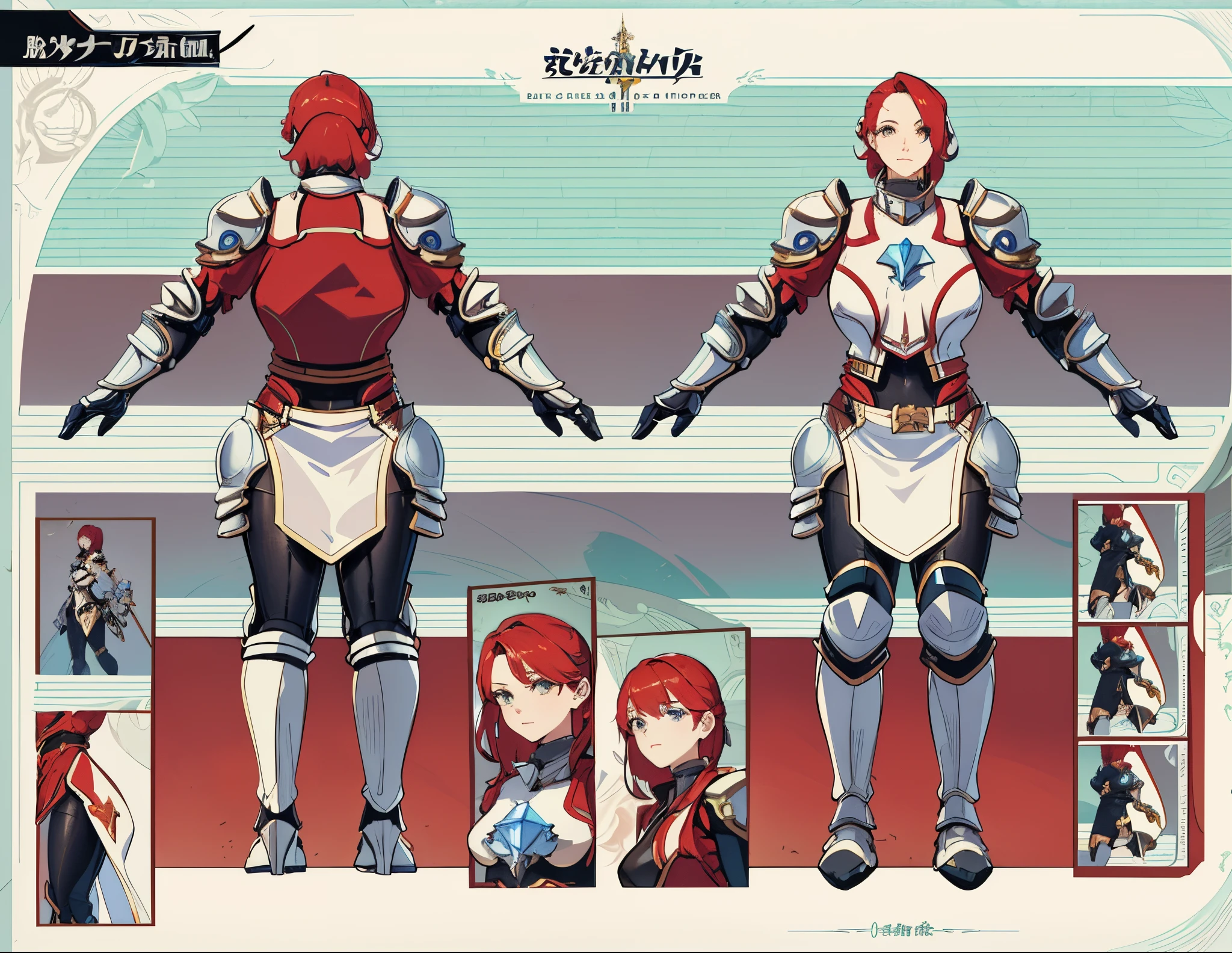 (masterpiece:1.1),(highest quality:1.1),(HDR:1),extreme quality, a close up of a person in armor with red hair, full body character concept, full body concept, detailed full body concept art, concept armor, detailed full body concept, full body concept art, valkyrie style character, game character design, concept character, full body character concept art, 3 d character reference sheet, female mecha, video game character concept, detailed character design, character sheet, character model sheet turnaround , front and back, front and back, Paladin wearing Silver Chain Armor with Moonlit Edges, black pants inside, red loincloth