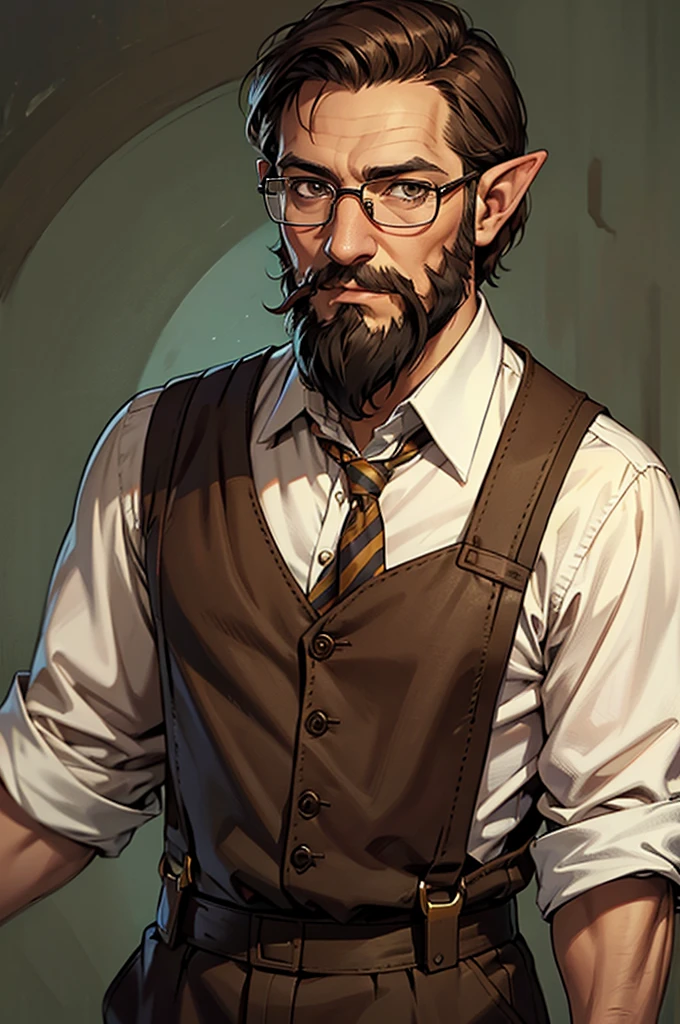 Older man, elven, brown eyes, short hair, glasses, beard. suspenders, mayor