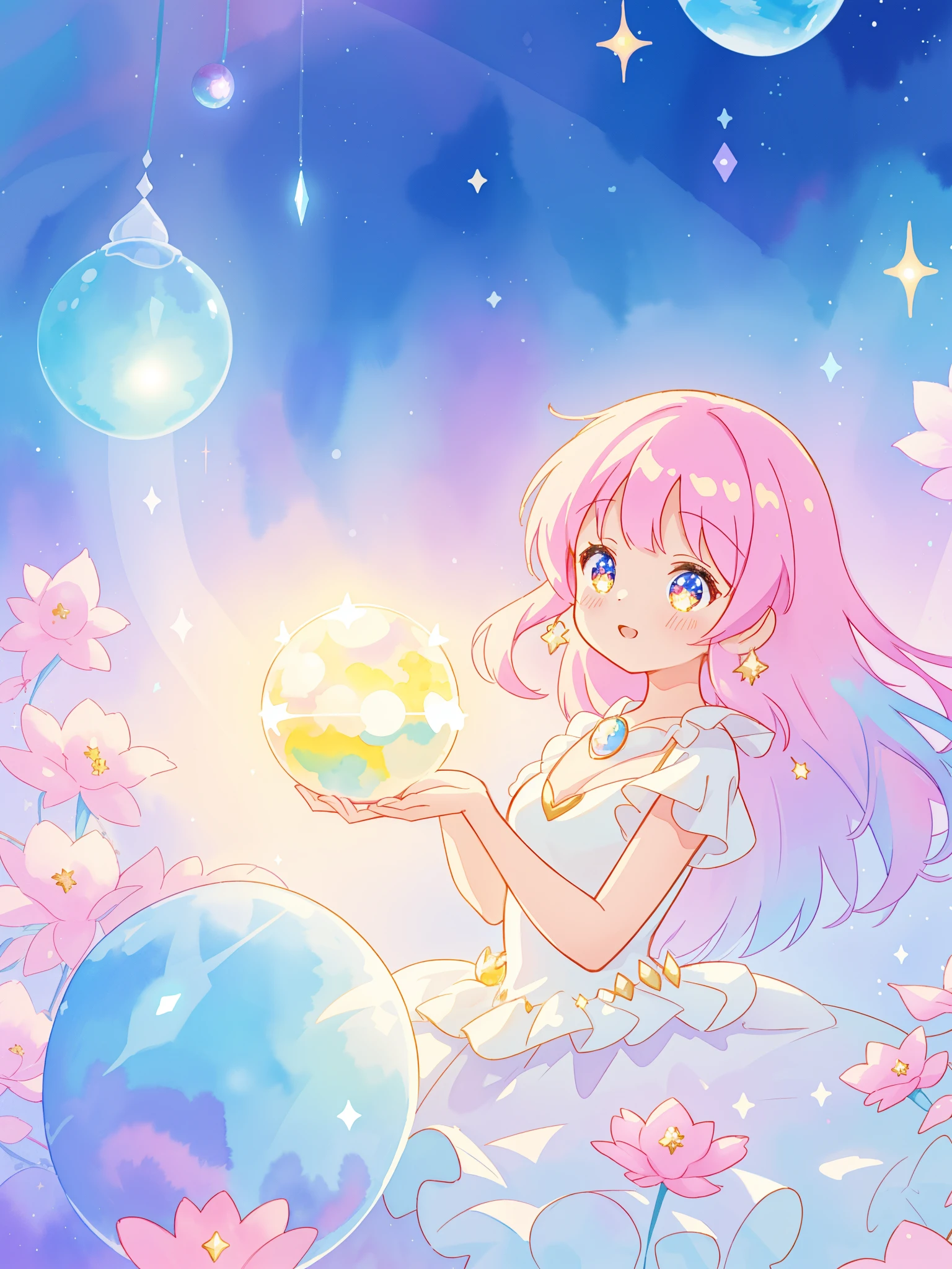 beautiful girl in sparkling white dress holding a magical sphere, ((sparkling puffy layered ballgown)), (magical, whimsical), (glowing magical orb), long flowing colorful hair, colorful fantasia background, watercolor illustration, disney art style, glowing aura around her, glowing lights, beautiful digital illustration, fantasia otherworldly landscape plants flowers, beautiful, masterpiece, best quality, anime disney style