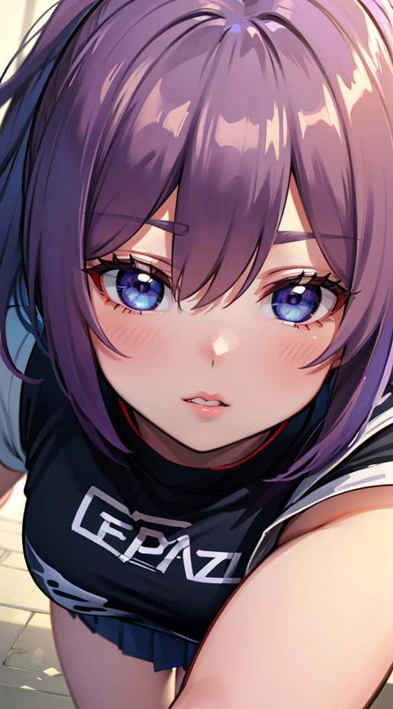 "(best quality, highres, ultra-detailed), female anime, t-shirt and school mini skirt, short purple hair, detailed eyes and face, beautiful detailed lips, long eyelashes, vibrant colors, anime style, natural lighting"