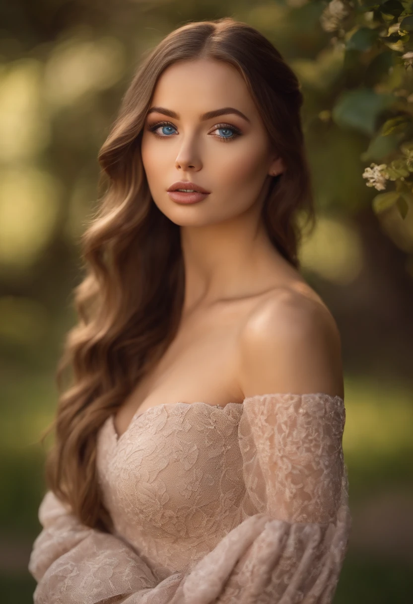 A poised and alluring woman with captivating blue eyes, resembling the ultra-realistic Sophie Mudd. She wears natural makeup, exudes a sexy charm in a short dress, and poses in a park setting with a prominent bust.