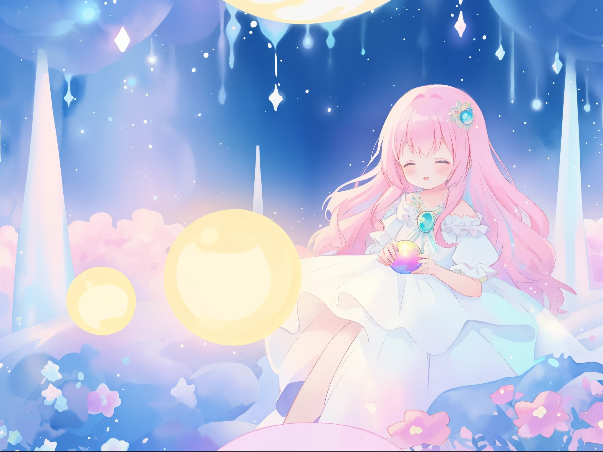beautiful girl in sparkling white dress holding a magical sphere, ((sparkling puffy layered ballgown)), (magical, whimsical), (glowing magical orb), long flowing colorful hair, colorful fantasia background, watercolor illustration, disney art style, glowing aura around her, glowing lights, beautiful digital illustration, fantasia otherworldly landscape plants flowers, beautiful, masterpiece, best quality, anime disney style