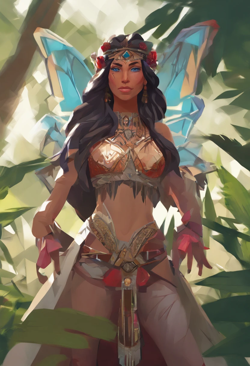 (full body), solo, detailed background, detailed face, wise, (female), (native american), (beautiful hair, braids:0.2), mystical, (gorgeous face), stunning, (eyes open, serene expression), butterflies, strawberries, leather clothes, prayer beads, tribal jewelry, feathers in hair, headdress:0.33, amethyst, obsidian, detailed clothing, extravagant clothing, cleavage, realistic skin texture, (floating particles, trees, nature, ritual, whirlwind, wind:1.2), sharp focus, volumetric lighting, good highlights, good shading, subsurface scattering, intricate, highly detailed, ((cinematic)), dramatic, (highest quality, award winning, masterpiece:1.5), (photorealistic:1.5), (intricate symmetrical warpaint:0.5),
