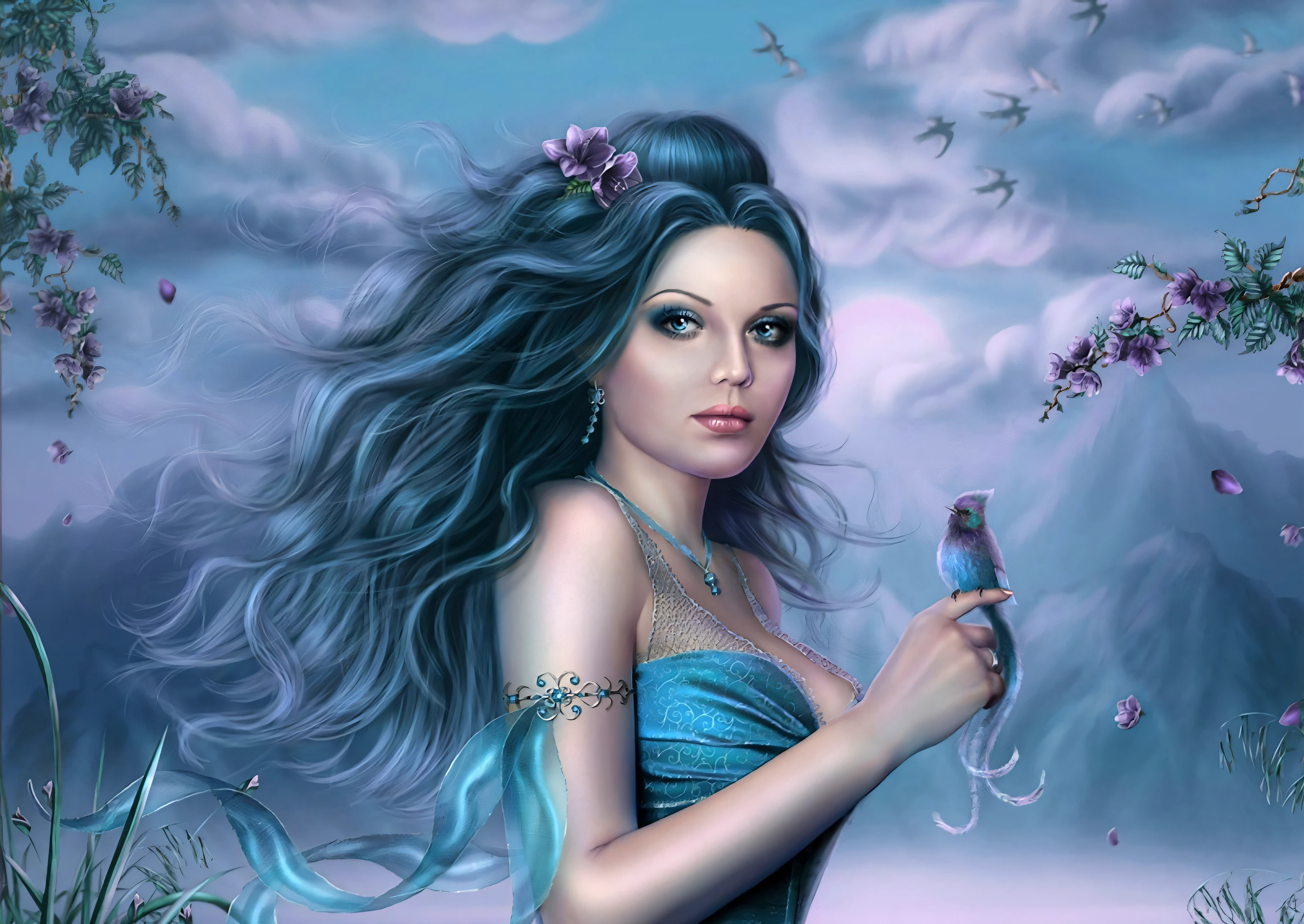 (best quality,4k,highres,masterpiece:1.2),ultra-detailed,realistic,portrait,blue forest,girl with beautiful detailed blue eyes,beautiful blonde hair,delicate facial features,soft and subtle lighting,dreamy atmosphere,butterflies,fantasy elements,fine brush strokes,vivid colors,ethereal,enchanted,mystical,whimsical vibes,floral accents,tranquil setting,nature in harmony,peaceful and serene,soft sunlight filtering through trees,subtle haze and mist,crisp and clear details,impressionistic touch,inspired by nature,delicate and intricate patterns in trees and foliage,awe-inspiring beauty,reminiscent of a fairy tale.