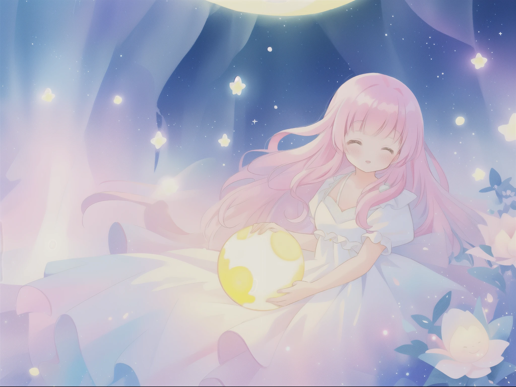 beautiful girl in sparkling white dress holding a magical sphere, ((sparkling puffy layered ballgown)), (magical, whimsical), (glowing magical orb), long flowing colorful hair, colorful fantasia background, watercolor illustration, disney art style, glowing aura around her, glowing lights, beautiful digital illustration, fantasia otherworldly landscape plants flowers, beautiful, masterpiece, best quality, anime disney style