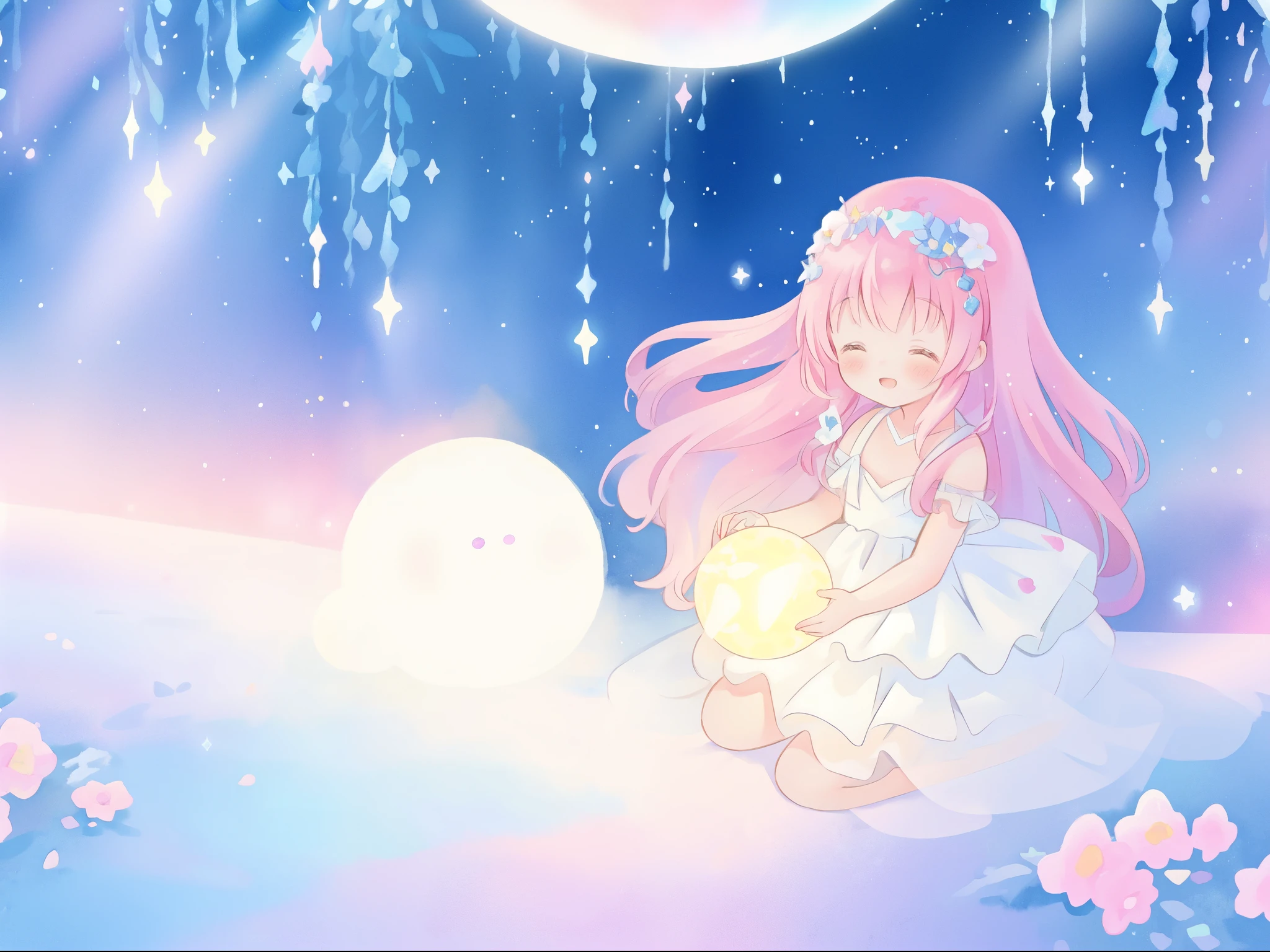 beautiful girl in sparkling white dress holding a magical sphere, ((sparkling puffy layered ballgown)), (magical, whimsical), (glowing magical orb), long flowing colorful hair, colorful fantasia background, watercolor illustration, disney art style, glowing aura around her, glowing lights, beautiful digital illustration, fantasia otherworldly landscape plants flowers, beautiful, masterpiece, best quality, anime disney style
