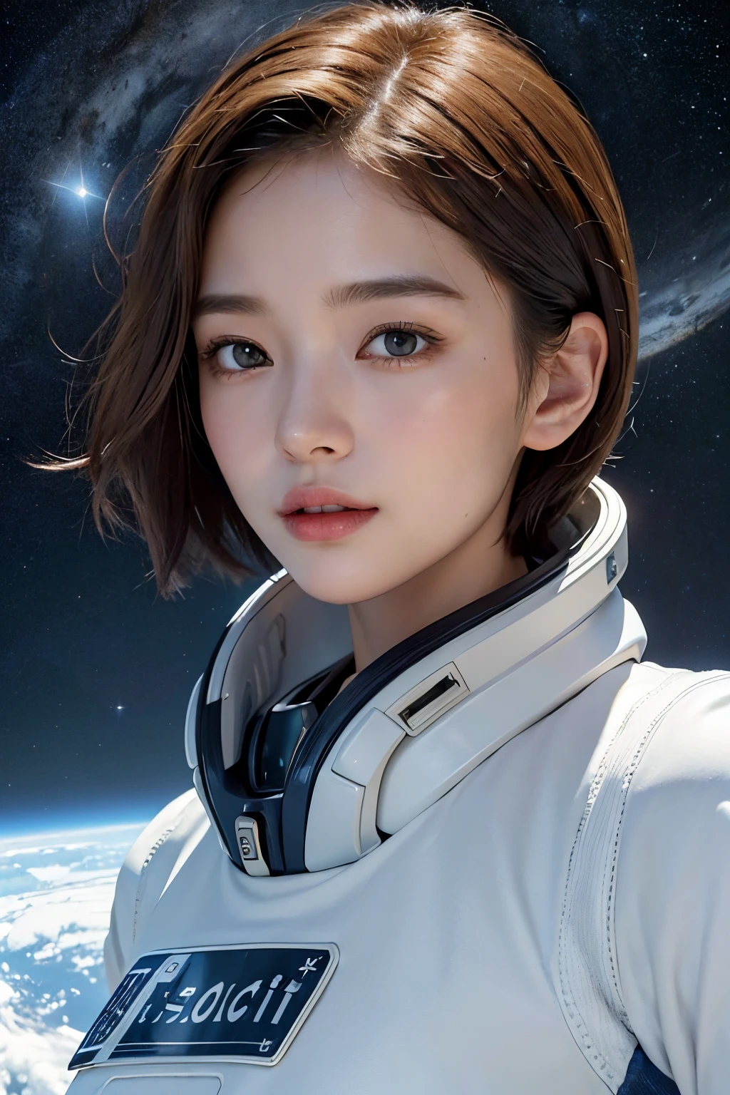 top-quality、masterpiece、超A high resolution、(realisitic:1.4)、Beautuful Women1、Beautiful detail eyes and skin、ssmile、Light brown short-cut hair、The perfect spacesuit、spaceships、cosmic space、ice planet、cloudy ash sky、weak sunshine、