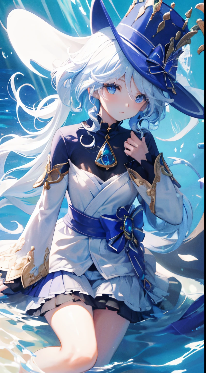 GenshinImpact、Freena、Wearing a hat、white clothes、Top image quality、Very fine hairs、Ultra High Definition Facial、Ultra-fine eyes、under the water、foam、reefs、Under the sea、fantastical light、mystical、
