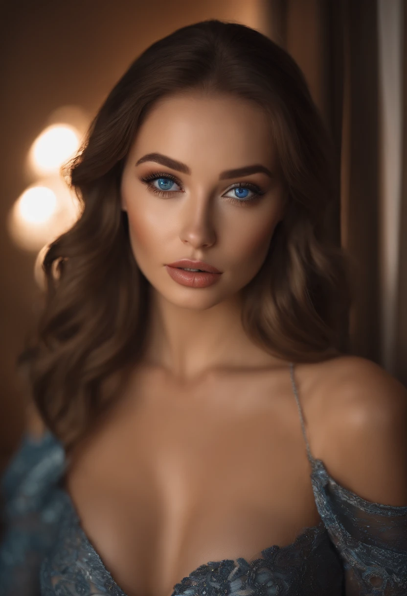 A poised and alluring woman with captivating blue eyes, resembling the ultra-realistic Sophie Mudd. She wears natural makeup, exudes a sexy charm in a short dress, and poses in hotel setting with a prominent bust.