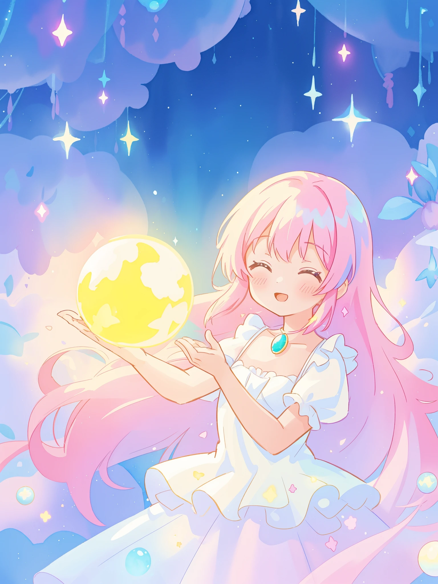 beautiful girl in sparkling white dress holding a magical sphere, ((sparkling puffy layered ballgown)), (magical, whimsical), (glowing magical orb), long flowing colorful hair, colorful fantasia background, watercolor illustration, disney art style, glowing aura around her, glowing lights, beautiful digital illustration, fantasia otherworldly landscape plants flowers, beautiful, masterpiece, best quality, anime disney style