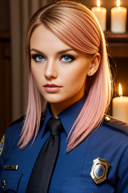 Petite 30 year old police woman with light strawberryblonde hair in a ponytail and striking blue eyes wearing eye liner, pink lips, in a blue police uniform, detailed face, in candle light