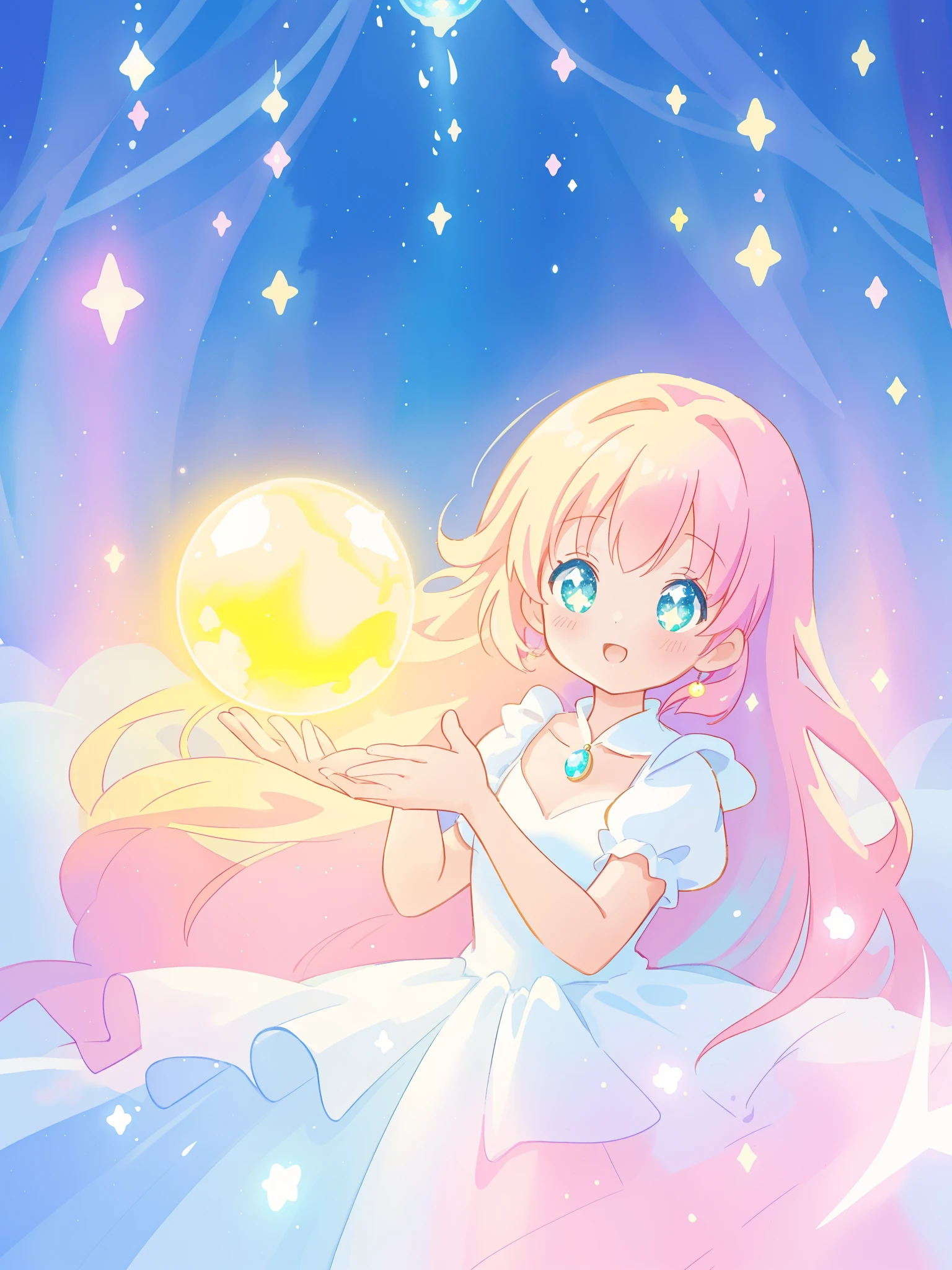 beautiful girl in sparkling white dress holding a magical sphere, ((sparkling puffy layered ballgown)), (magical, whimsical), (glowing magical orb), long flowing colorful hair, colorful fantasia background, watercolor illustration, disney art style, glowing aura around her, glowing lights, beautiful digital illustration, fantasia otherworldly landscape plants flowers, beautiful, masterpiece, best quality, anime disney style