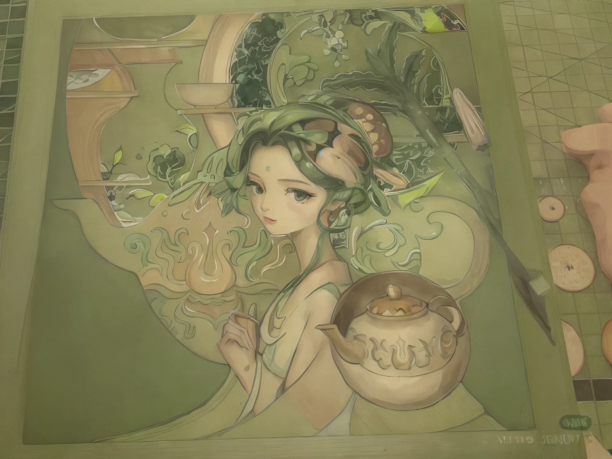 Someone is drawing a woman holding a pot of food, Overall green