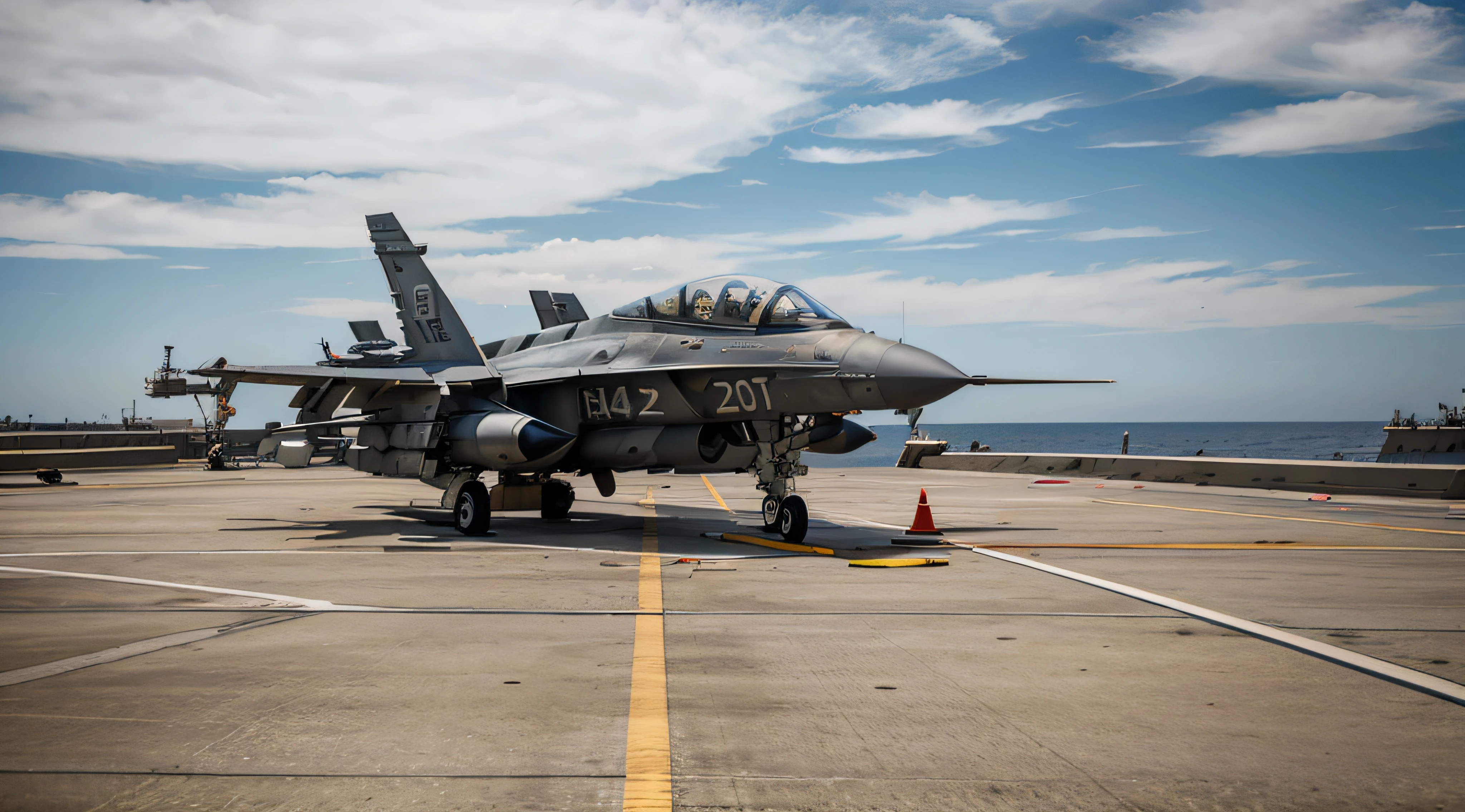 Male military personnel working on aircraft carrier deck,Jet fighter F-18 on the background