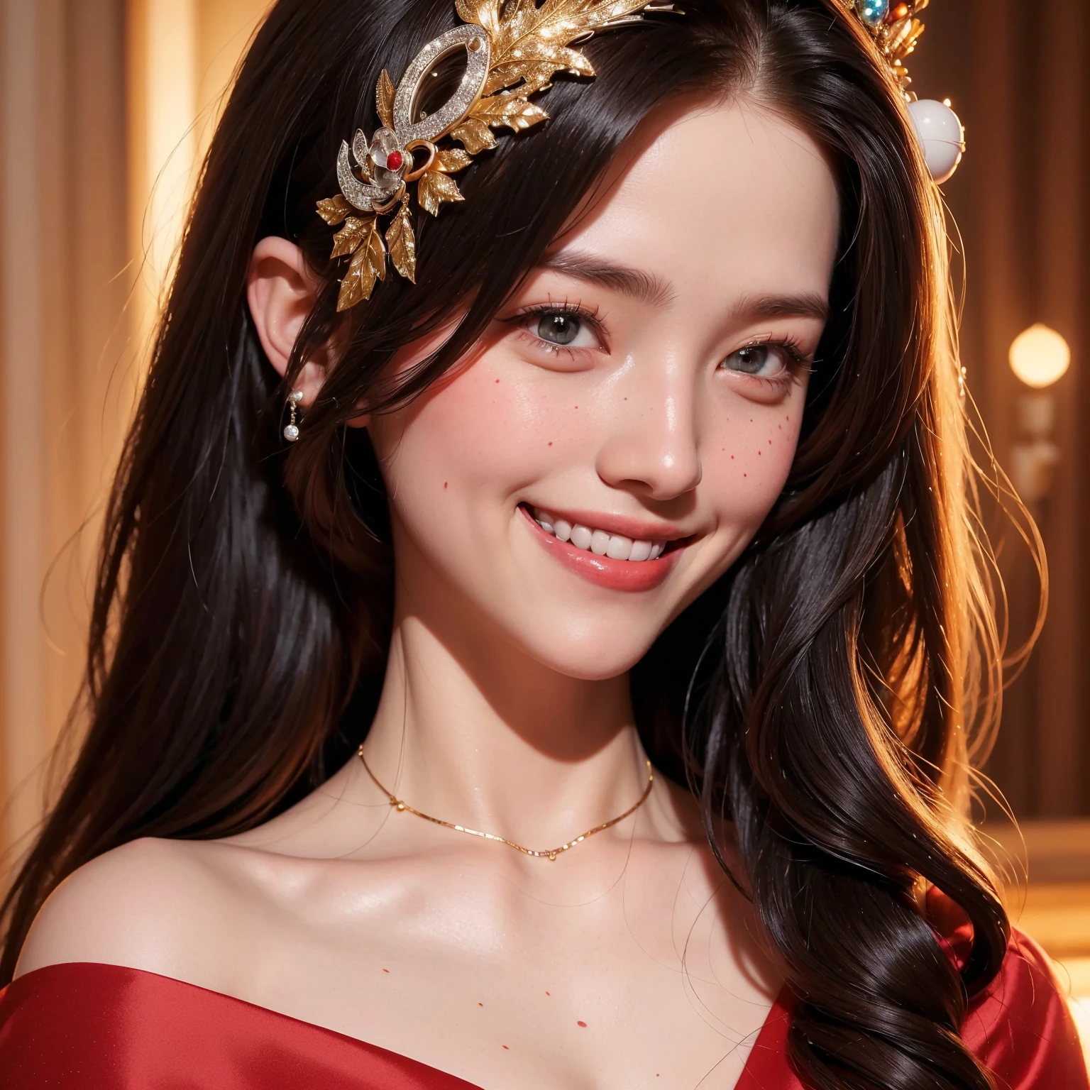 portrait of a beautiful 20 year old holy woman, wearing a thin multicolored silk dress, a beautiful face without blemish, without freckles and moles on her face, (((beautiful smile:1.4))), ((7 color long hair:1.2)), big crown, hair brooch, hanfu dress, chinese ancient style, full body jewelry, forehead tattoo: (very even and red lips, face full of details, face 1.8) the goddess' skin is smooth white, rosy, cinematic, light and dark, dramatic light, magical light, extremely detailed light, true color, super sharp, realistic, 8k quality, fantasy Christmas background, saint and magical space, the most detailed image,