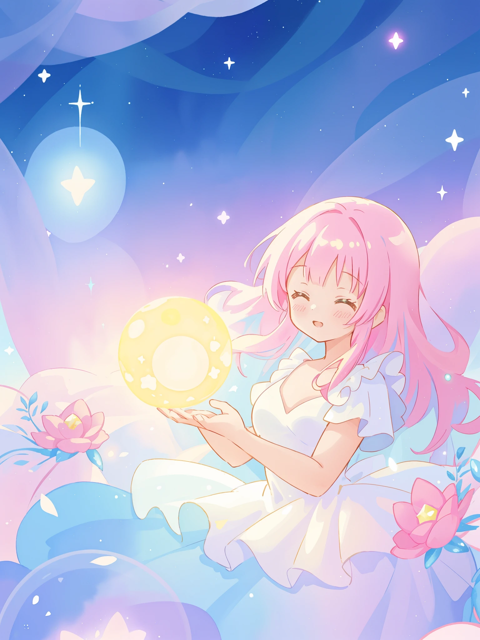 beautiful girl in sparkling white dress holding a magical sphere, ((sparkling puffy layered ballgown)), (magical, whimsical), (glowing magical orb), long flowing colorful hair, colorful fantasia background, watercolor illustration, disney art style, glowing aura around her, glowing lights, beautiful digital illustration, fantasia otherworldly landscape plants flowers, beautiful, masterpiece, best quality, anime disney style