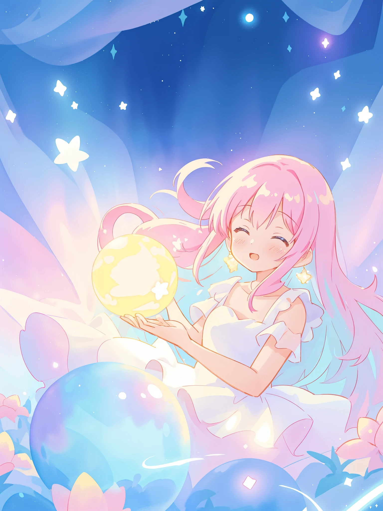 beautiful girl in sparkling white dress holding a magical sphere, ((sparkling puffy layered ballgown)), (magical, whimsical), (glowing magical orb), long flowing colorful hair, colorful fantasia background, watercolor illustration, disney art style, glowing aura around her, glowing lights, beautiful digital illustration, fantasia otherworldly landscape plants flowers, beautiful, masterpiece, best quality, anime disney style