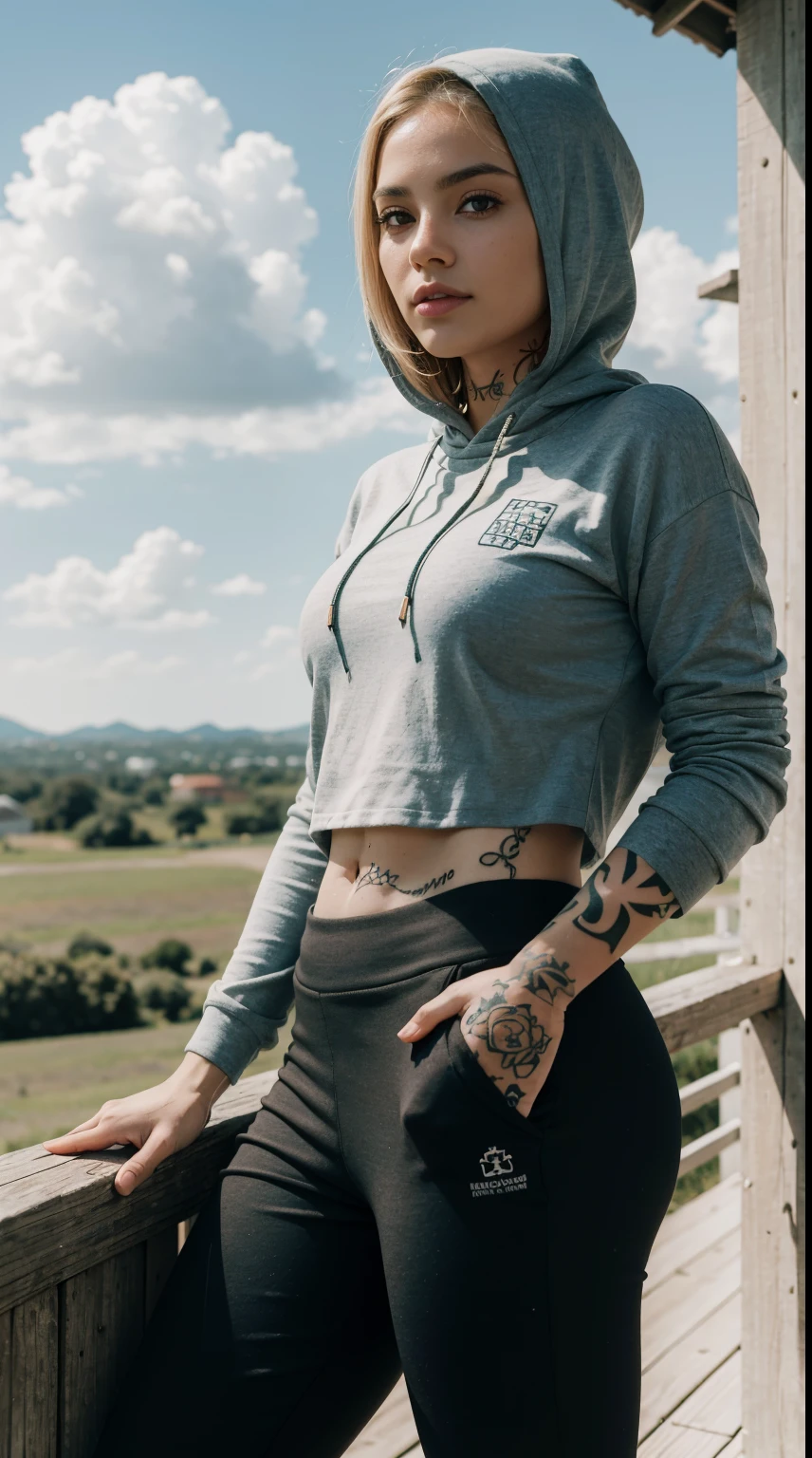 27 years old, gorgeous cute Nigerian girl, smirk, freckles, Capuz, moletom, 1girl, hood down, hand on hip, Cloud, piso, heaven, moletom branco, cabelo sobre um olho, umbigo, blonde hair, dia, blue skies, sky with clouds, Blurry, barriga, short hair, ao ar livre, Tonificado, seios, Olhando para o Viewer, yoga pants, horizonte, Pants, profundidade de campo, mangas compridas, tampo cropped, olhos azuis, Standing, vegetation, brazi, Military training camp with a green area in the background, dirt floor, (best quality, master part), AnnieAOT, sozinho., good mature girl, (masterpiece:1.0),(best_quality:1.0), ultra high res,4K,ultra-detailed, photography, 8K, HDR, highres, absurdres:1.2, Kodak portra 400, blurry background, bokeh, lens flare, (vibrant_color:1.2),professional photograph,(the_tattoo:1.5),(Beautiful,large_Breasts), (beautiful_face:1.5),(narrow_waist).