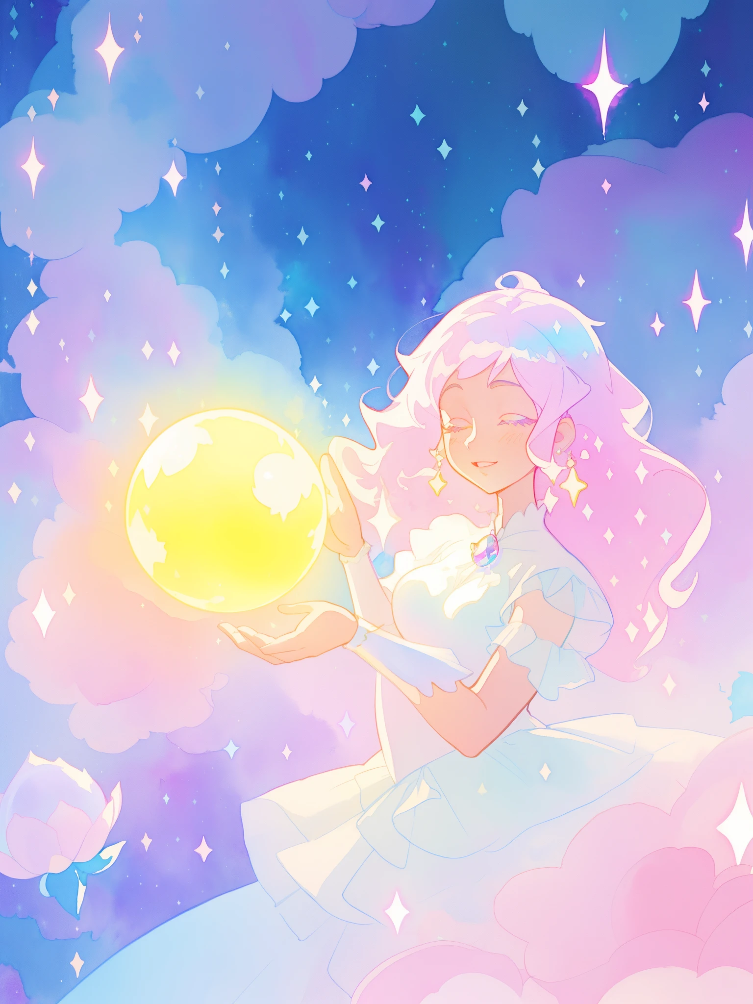 beautiful girl in sparkling white dress holding a magical sphere, ((sparkling puffy layered ballgown)), (magical, whimsical), (glowing magical orb), long flowing colorful hair, colorful fantasia background, watercolor illustration, disney art style, glowing aura around her, glowing lights, beautiful digital illustration, fantasia otherworldly landscape plants flowers, beautiful, masterpiece, best quality, anime disney style