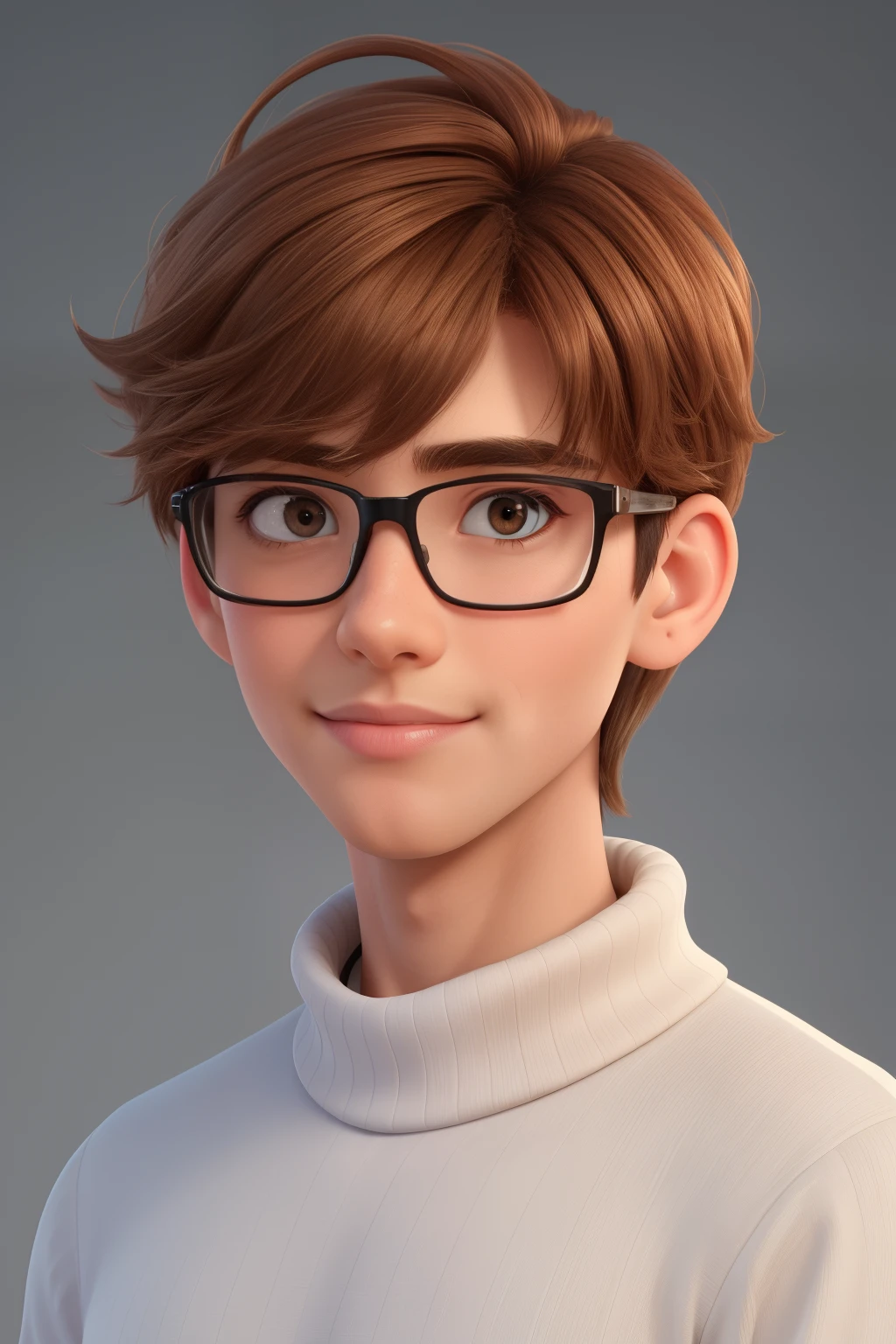 (Best Quality,4K,8K,hight resolution,masutepiece:1.2),Ultra-detailed,Realistic,hardworking young man with tousled brown hair, Handsome face, Square face shape, Light brown hair and eyes,Sauce order， Wearing a white turtleneck, Big glasses，smooth hair，A lot of bangs fall on the forehead，bangs parted in the center，front facing，No background，