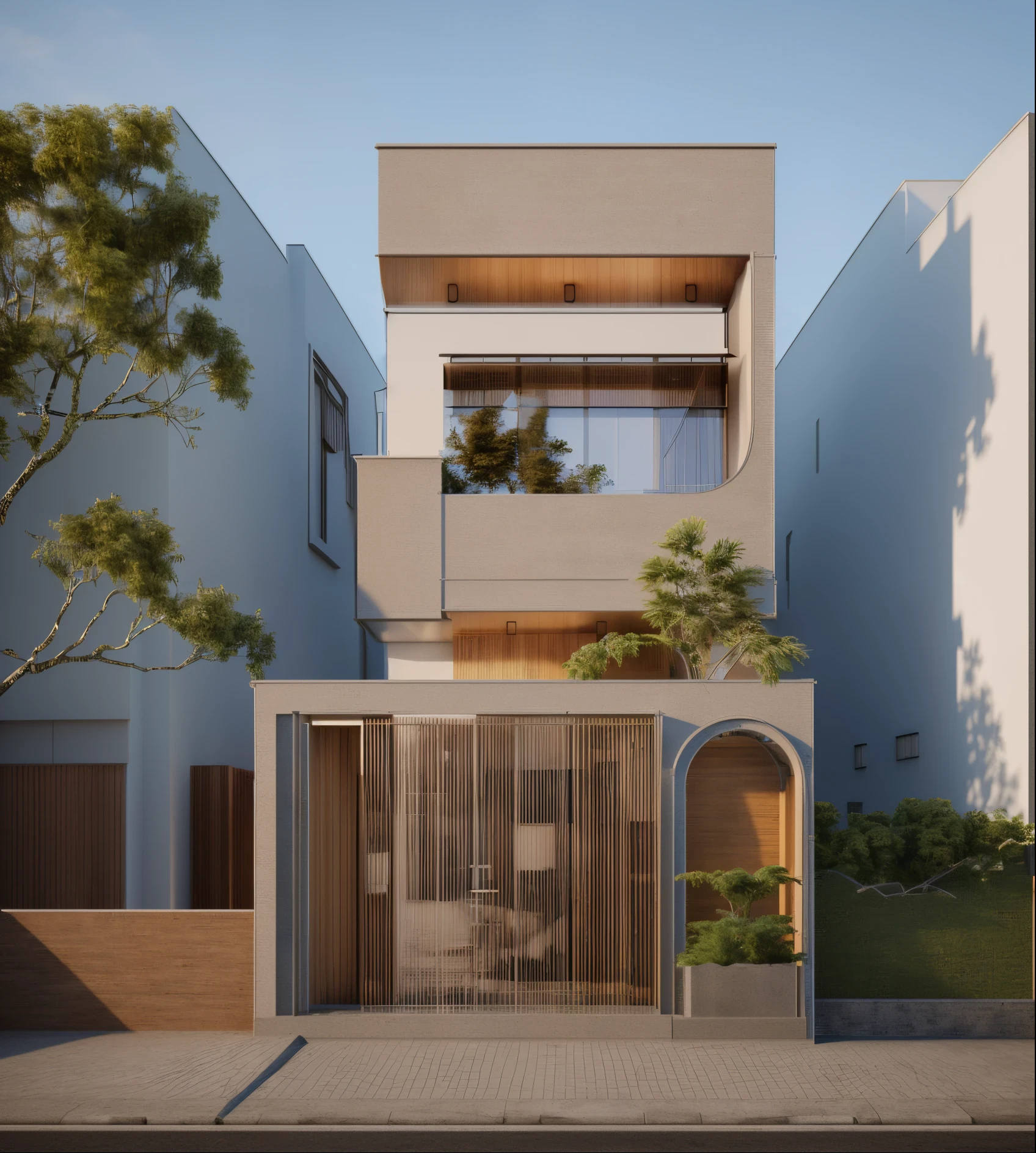 rendering of a modern residential townhouse, professional render, wide angle exterior 2023, highly detailed render, high quality rendering, realistic render, architectural render, high-quality render, detailed rendering, hyper-realistic render, hyper - realistic render, very realistic 3 d render, high render, realistic rendering, very realistic render