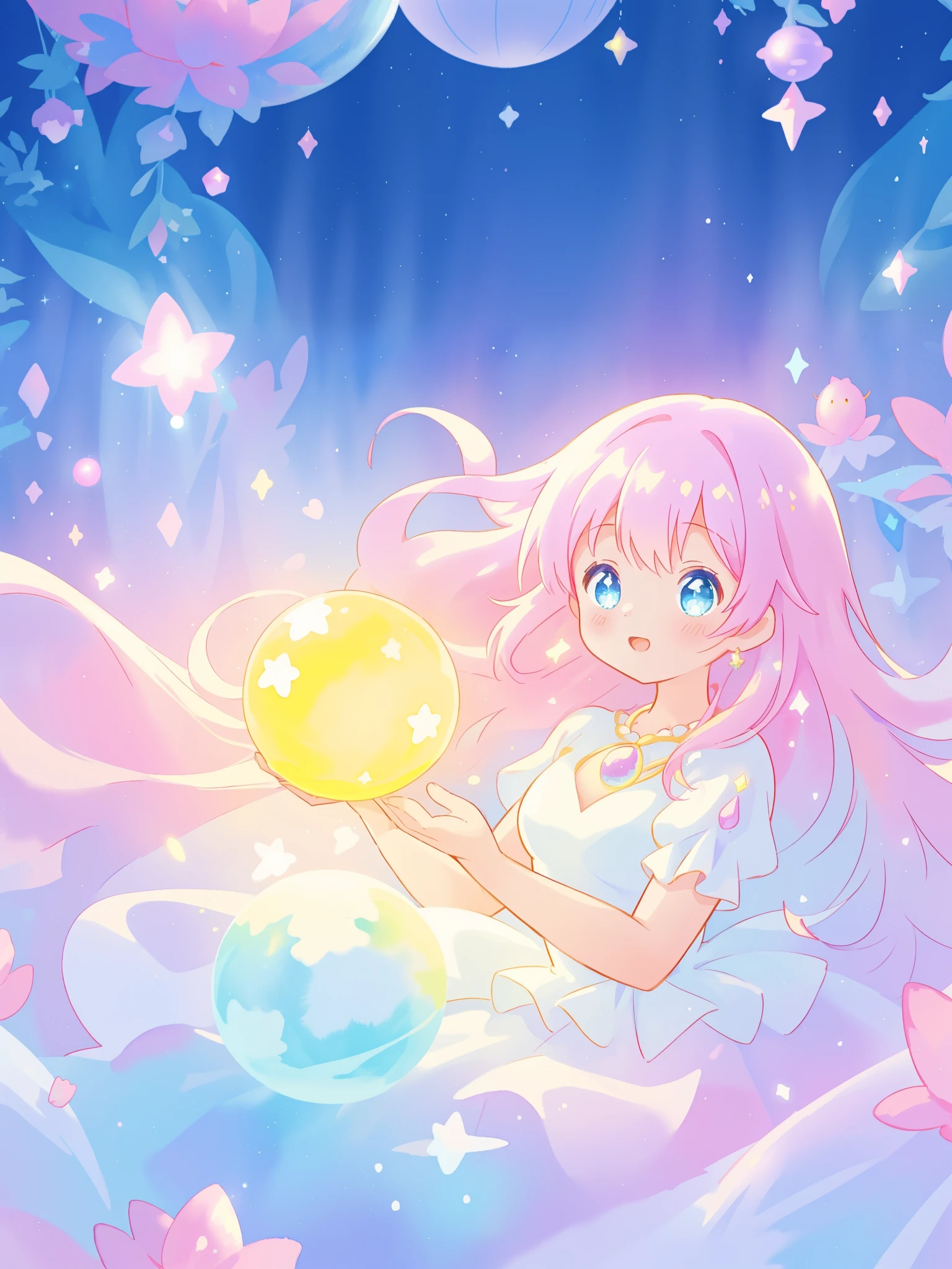 beautiful girl in sparkling white dress holding a magical sphere, ((sparkling puffy layered ballgown)), (magical, whimsical), (glowing magical orb), long flowing colorful hair, colorful fantasia background, watercolor illustration, disney art style, glowing aura around her, glowing lights, beautiful digital illustration, fantasia otherworldly landscape plants flowers, beautiful, masterpiece, best quality, anime disney style