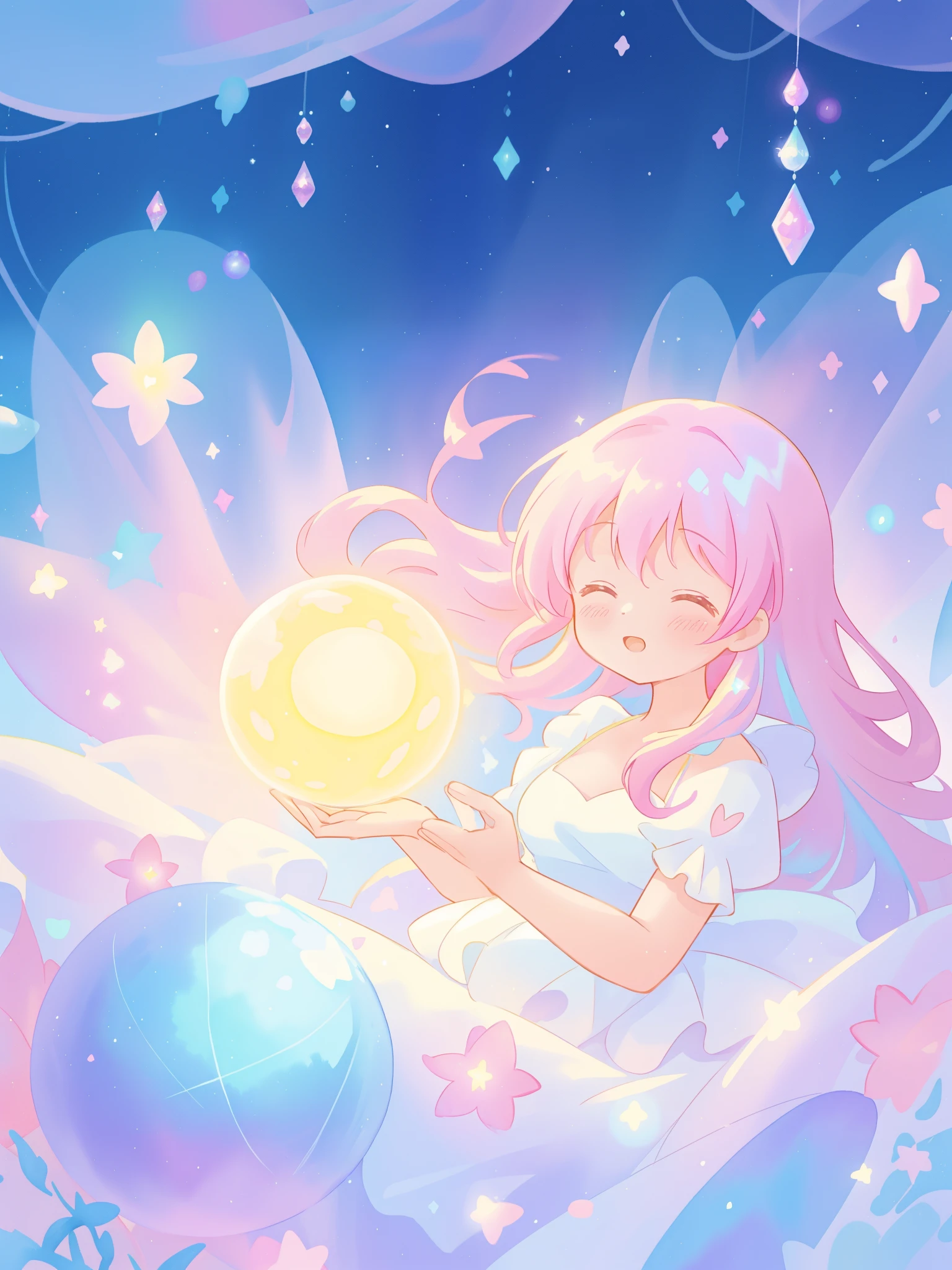 beautiful girl in sparkling white dress holding a magical sphere, ((sparkling puffy layered ballgown)), (magical, whimsical), (glowing magical orb), long flowing colorful hair, colorful fantasia background, watercolor illustration, disney art style, glowing aura around her, glowing lights, beautiful digital illustration, fantasia otherworldly landscape plants flowers, beautiful, masterpiece, best quality, anime disney style