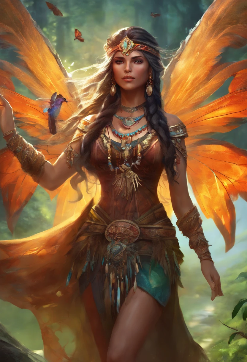 (full body), solo, detailed background, detailed face, wise, (female), (native american), (beautiful hair, braids:0.2), mystical, (gorgeous face), stunning, (eyes open, serene expression), butterflies, strawberries, leather clothes, prayer beads, tribal jewelry, feathers in hair, headdress:0.33, amethyst, obsidian, detailed clothing, extravagant clothing, cleavage, realistic skin texture, (floating particles, trees, nature, ritual, whirlwind, wind:1.2), sharp focus, volumetric lighting, good highlights, good shading, subsurface scattering, intricate, highly detailed, ((cinematic)), dramatic, (highest quality, award winning, masterpiece:1.5), (photorealistic:1.5), (intricate symmetrical warpaint:0.5),