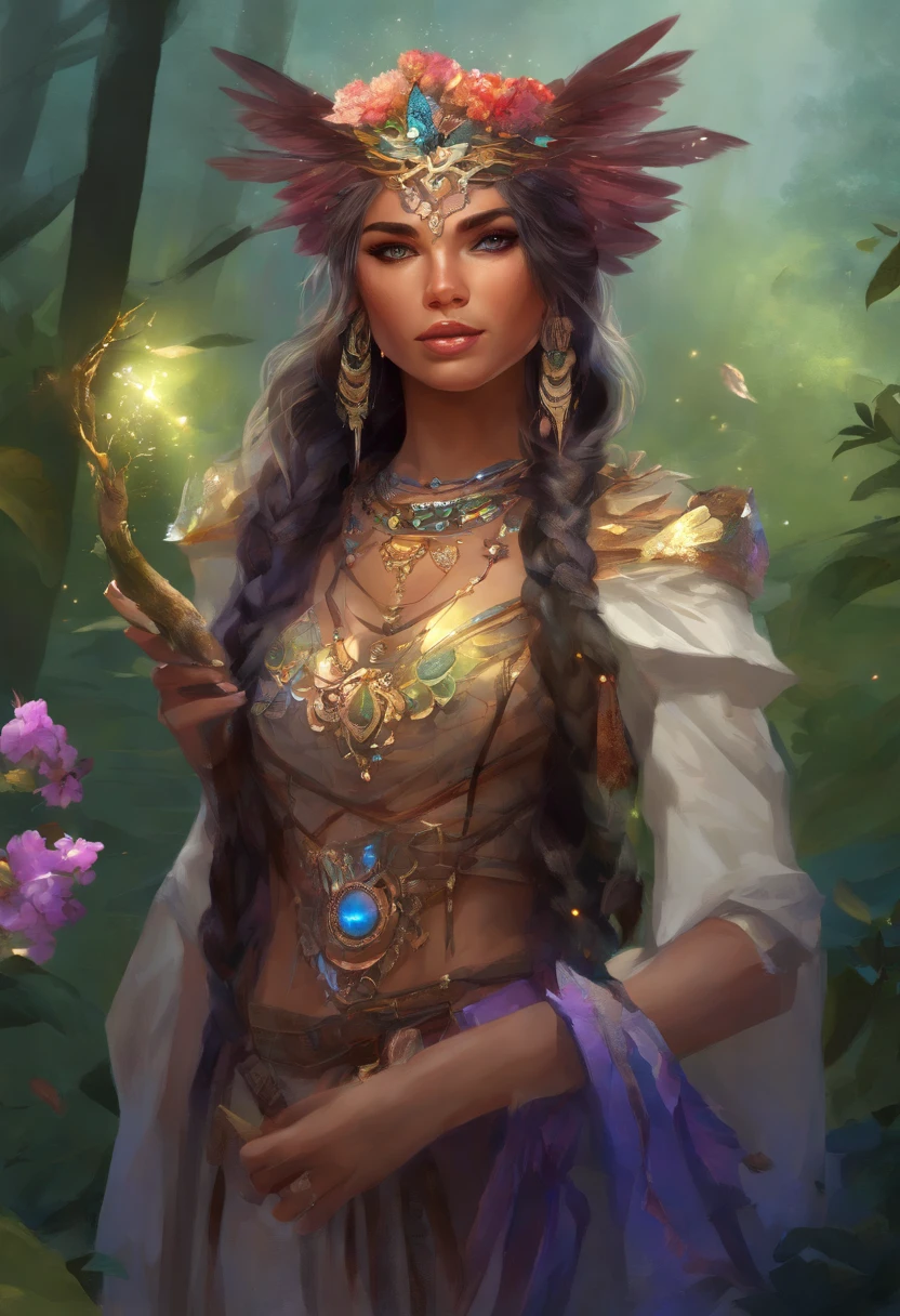(full body), solo, detailed background, detailed face, wise, (female), (native american), (beautiful hair, braids:0.2), mystical, (gorgeous face), stunning, (eyes open, serene expression), butterflies, strawberries, leather clothes, prayer beads, tribal jewelry, feathers in hair, headdress:0.33, amethyst, obsidian, detailed clothing, extravagant clothing, cleavage, realistic skin texture, (floating particles, trees, nature, ritual, whirlwind, wind:1.2), sharp focus, volumetric lighting, good highlights, good shading, subsurface scattering, intricate, highly detailed, ((cinematic)), dramatic, (highest quality, award winning, masterpiece:1.5), (photorealistic:1.5), (intricate symmetrical warpaint:0.5),