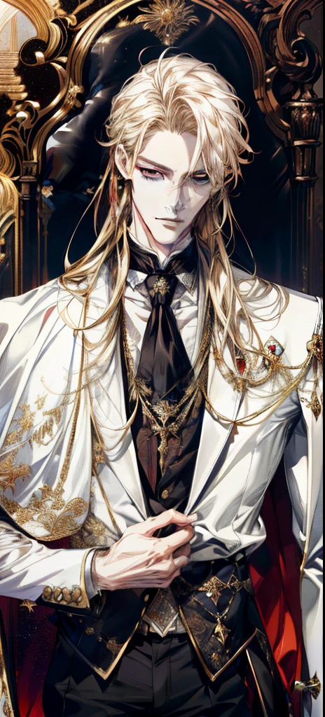 (absurd, high resolution, super detailed), 1 male, black eyes, brown hair, scholarly temperament, all black formal wear, Victorian clothing, masterpiece, (absurdres:1.1), best quality, extremely delicate, (beautiful face:1.1), elegant, (great composition), bags under eyes, masterpiece, (sinister smirk {(best quality, 8k, masterpiece, HDR, soft lighting, perfect image, digital illustration, manhwa art, hyper detailed image, perfect lines, realistic)} 1 very handsome man, shoulder length blonde hair, red eyes, luxurious clothes (imposing posture, black background with golden sparkles)}02 confident smirk (absurd, high resolution, super detailed), 1 male, black eyes, long shoulder length blonde hair, outfit color goldered and white formal wear, Victorian clothing, white cape, (cold beauty: 1.2), adult, handsome, thin man, broad shoulders, fine eyes and detailed face, god, symbolism, sun visual arts, occult, universal, visual projection, philosophy, iconography, numerology, pop, art, alfonse Mucha main colors gold red white god of the sun
