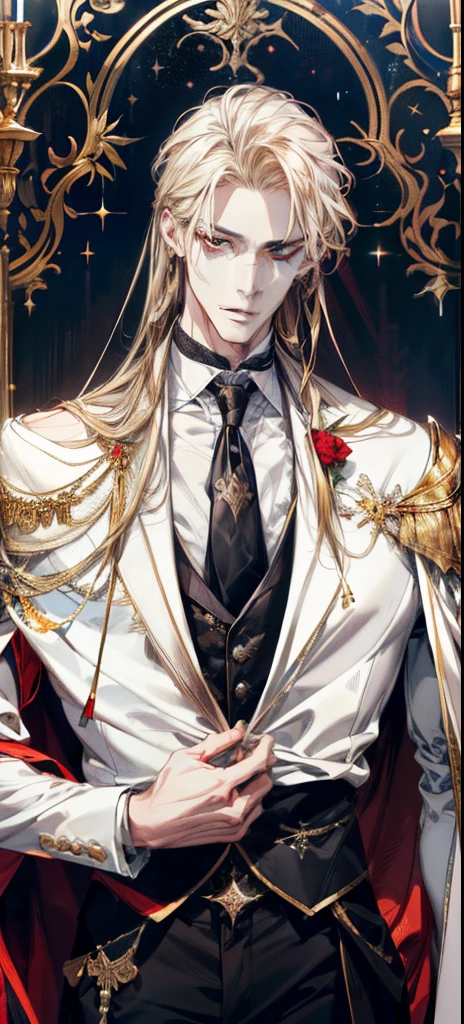 (absurd, high resolution, super detailed), 1 male, black eyes, brown hair, scholarly temperament, all black formal wear, Victorian clothing, masterpiece, (absurdres:1.1), best quality, extremely delicate, (beautiful face:1.1), elegant, (great composition), bags under eyes, masterpiece, (sinister smirk {(best quality, 8k, masterpiece, HDR, soft lighting, perfect image, digital illustration, manhwa art, hyper detailed image, perfect lines, realistic)} 1 very handsome man, shoulder length blonde hair, red eyes, luxurious clothes (imposing posture, black background with golden sparkles)}02 confident smirk (absurd, high resolution, super detailed), 1 male, black eyes, long shoulder length blonde hair, outfit color goldered and white formal wear, Victorian clothing, white cape, (cold beauty: 1.2), adult, handsome, thin man, broad shoulders, fine eyes and detailed face, god, symbolism, sun visual arts, occult, universal, visual projection, philosophy, iconography, numerology, pop, art, alfonse Mucha main colors gold red white god of the sun