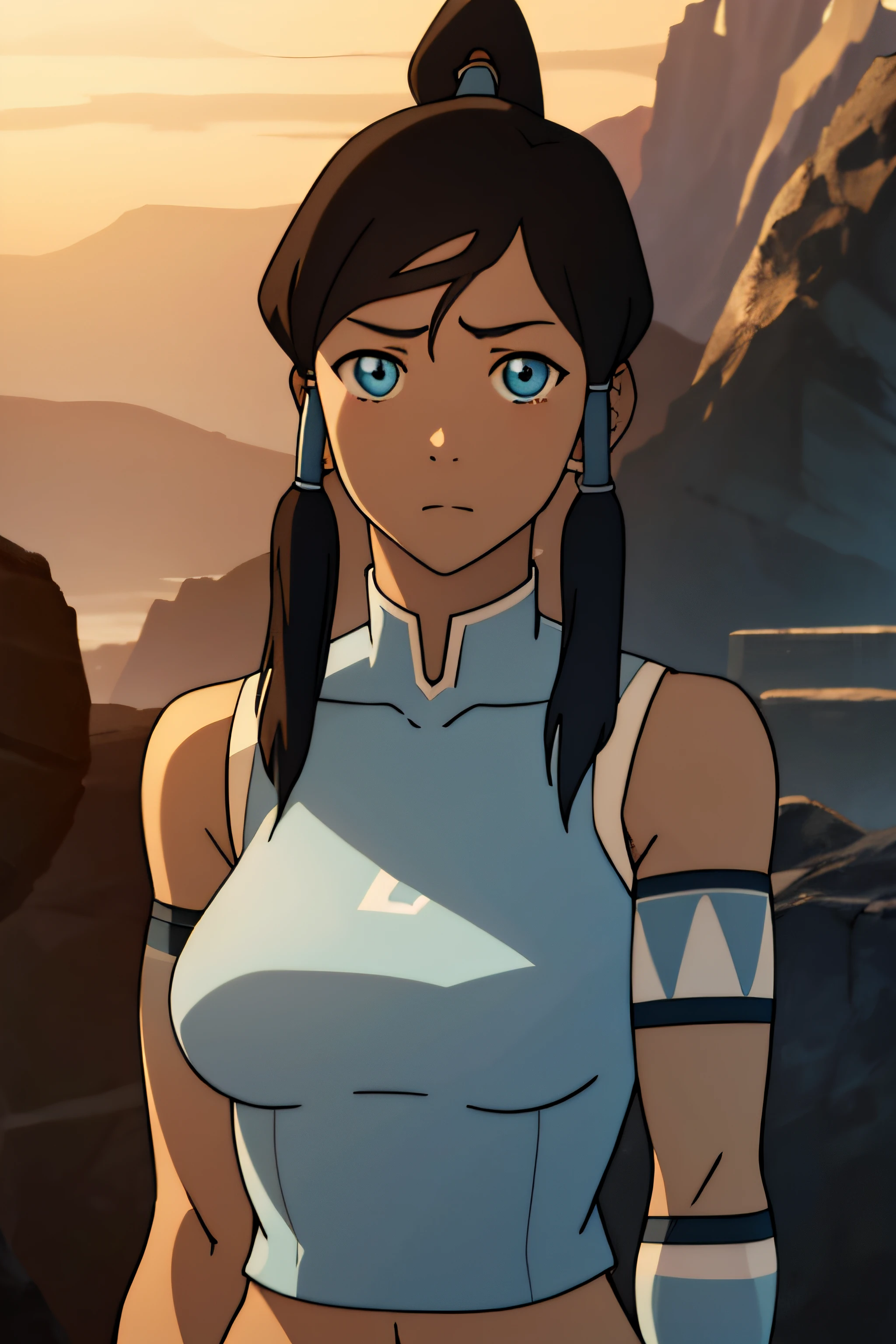 avatarkorra, normkorra, korra, long hair, blue eyes, brown hair, ponytail, dark skin, dark-skinned female, hair tubes, topknot,
BREAK bare shoulders, armband, armlet, vambraces, bracer,
BREAK looking at viewer,
BREAK outdoors,
BREAK (masterpiece:1.2), best quality, high resolution, unity 8k wallpaper, (illustration:0.8), (beautiful detailed eyes:1.6), extremely detailed face, perfect lighting, extremely detailed CG, (perfect hands, perfect anatomy), (((large breasts))), ((blushing)), ((midriff)),