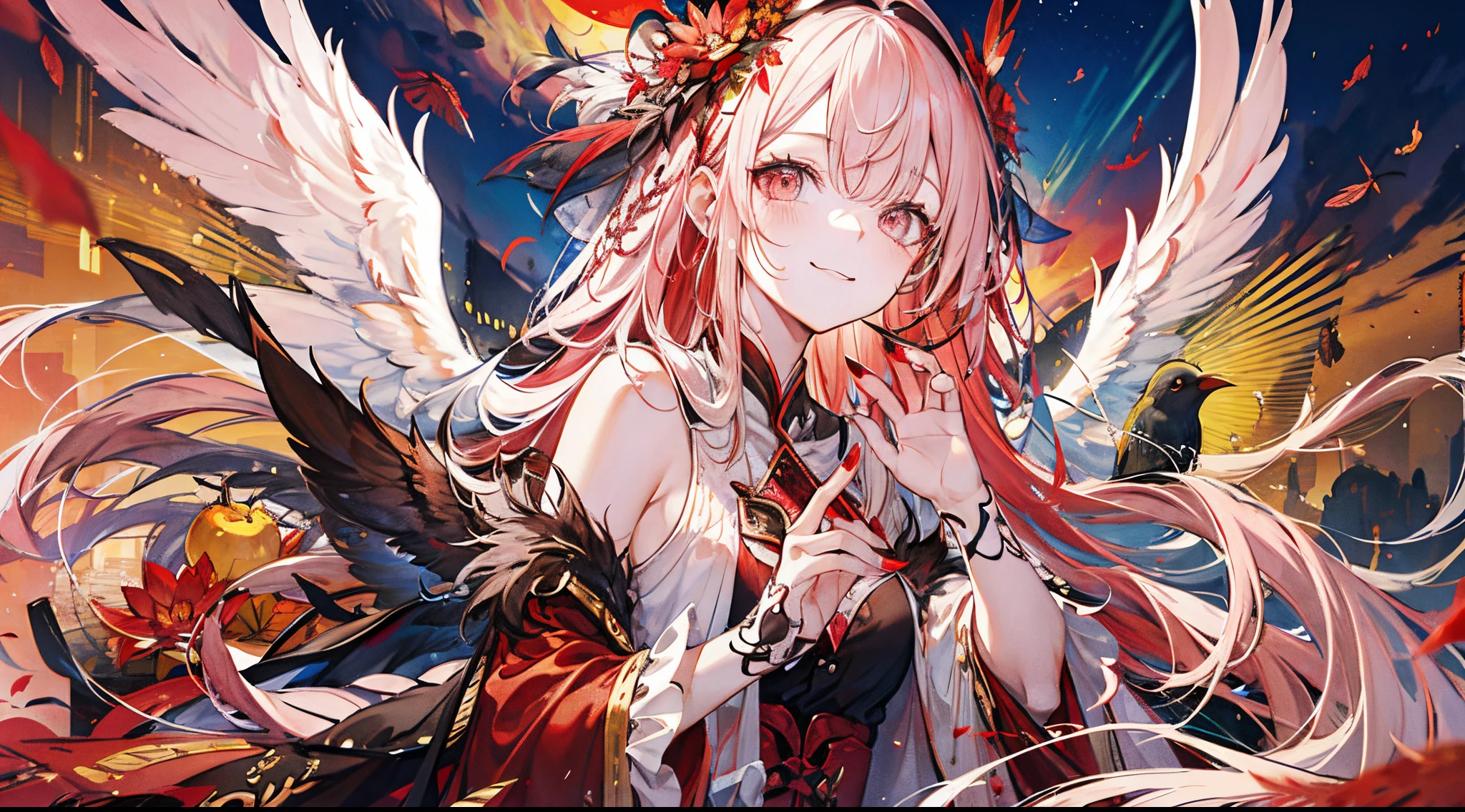 ((tmasterpiece:1.4,Best quality))+,(hyper-detailing)+,(Ultra-detailed eyes)+,(winged ears:1.5),
(cute girls),15year old,(Crimson pupils:1.15),Long dark blond hair,long braid,Bushy hair(wariza:1.2),pale-skinned,Stupid smile,red rhombus crystal,red bird feathers,vacant eyes
(She wore a conservative red and yellow bird feather coat,Black pattern,:1.5),(Starry Sky Cloak:1.4)The sleeves are long,Red bird feather headdress,Wings of Fire,baiyun,A sea of red leaves and trees,Dream bubbles,crow crow,rednails,sun crown,red apple,Red Lotus,leather pant
(bird feathers:1.1),
(dawn light:1.2),
(Thick black and white:1.16),(depth of fields:1.4),,Complicated details,