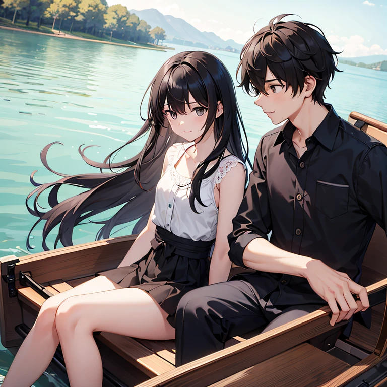 1girl and 1 boy, A dark-haired, Longhair Girl, Hair swaying in the wind, Black eyes, park lake, Warm afternoon, sit facing each other in a rowboat, from side view