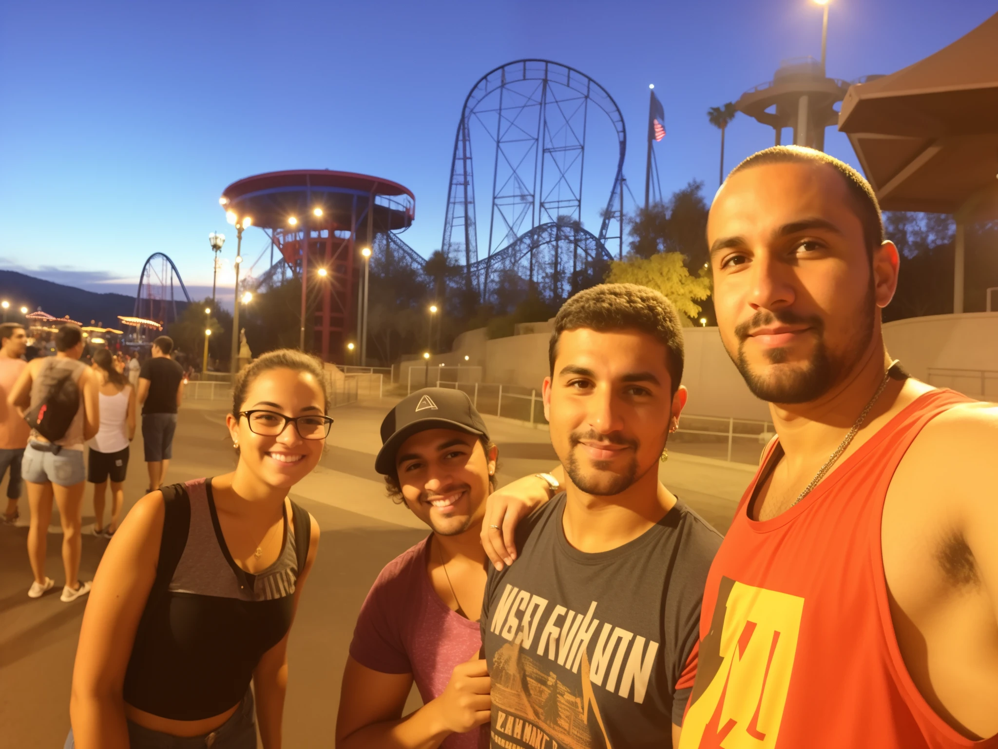 There are three people together in a parking lot, Montanhas Russas, vacation photo, na California Adventure, imagem do avatar, foto do perfil, divertindo-se, Los Angeles 2 0 1 5, Passeios, noite!, amusement park, in the nighttime, montanha-russa, imagem de perfil, Noite!, Sunset!, montanha-russa, theme park, foto de perfil 1024px