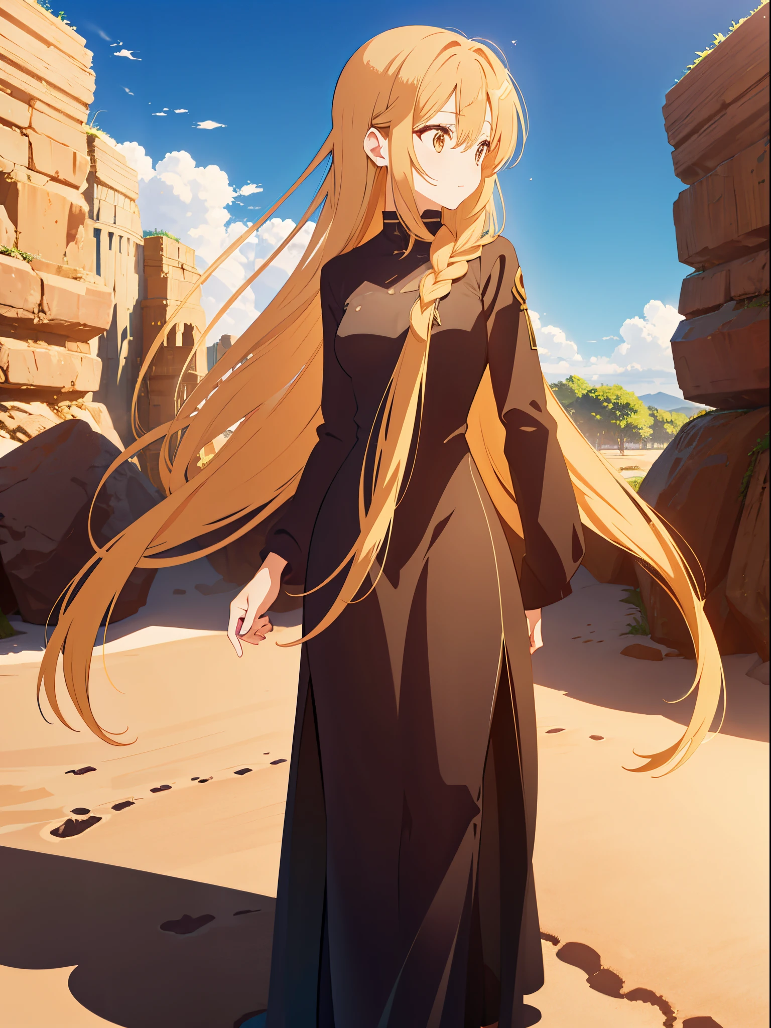 Asuna, wearing long dress, black dress, sand dessert, potrait, sunny, pov