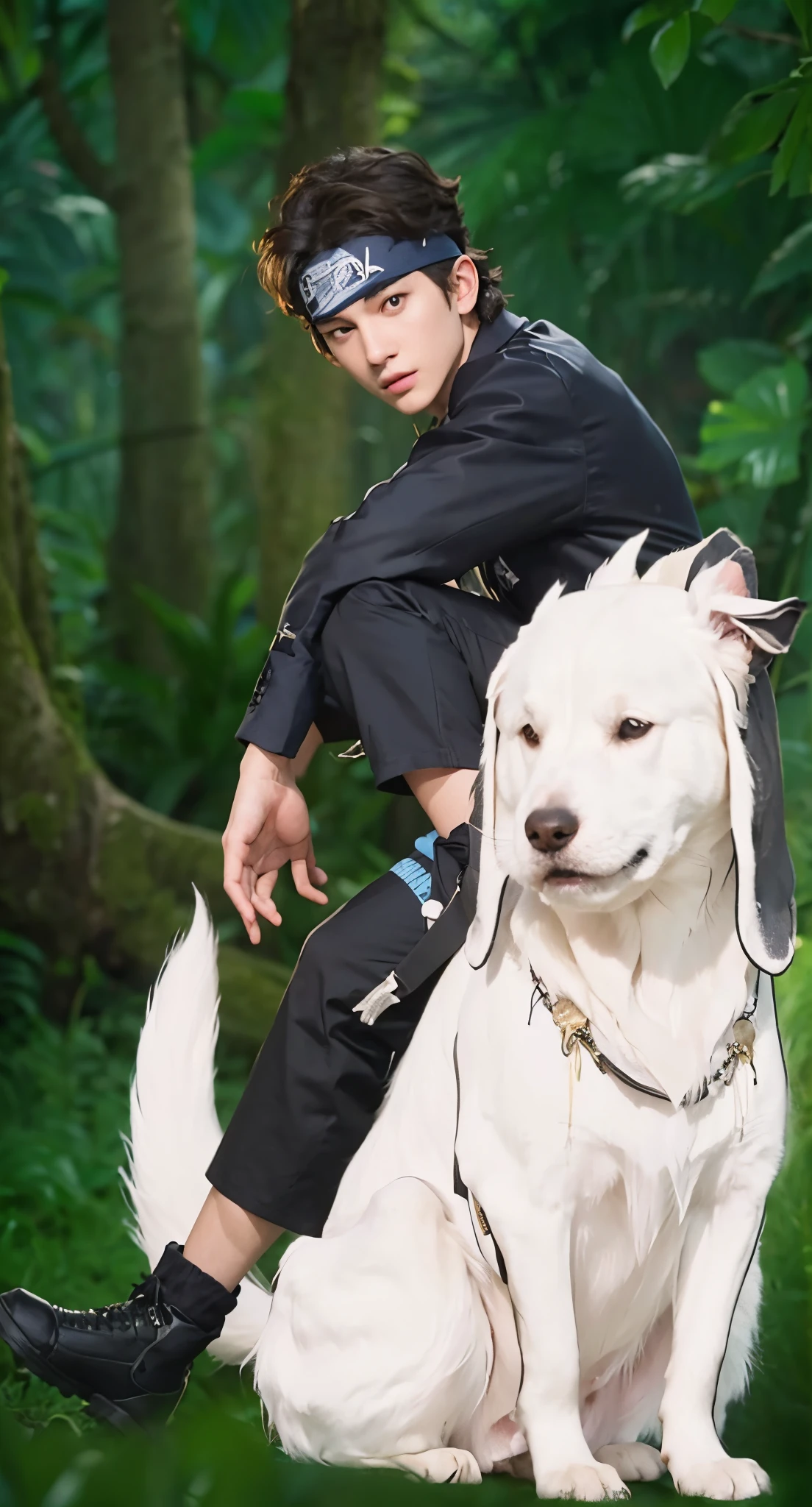 Real life adaption of this character ,teen handsome man,realistic same messy hair upward, (realistic same outfit wear same headband ), realistic jungle background , realistic light, realistic shadow, realism, hyper realistic,(photorealistic:1.2), realistic white dog His ears are down
