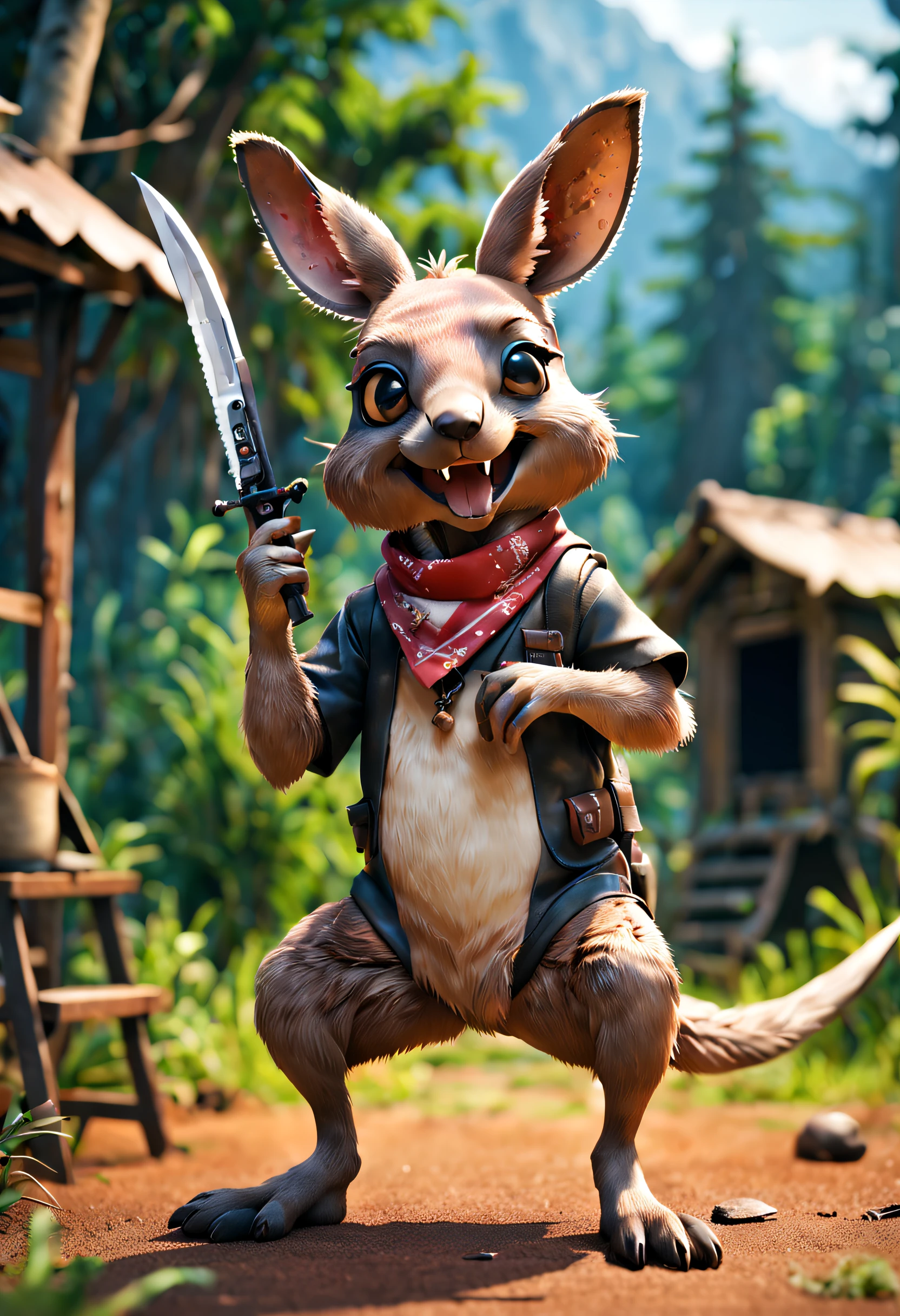full body Esbian、Cool Kangaroo、Pop Kangaroo、crazy kangaroo、Laughing、squinting、overall、Bloody、Tiere、diorama、symple background、bandana、Holding a knife、​masterpiece, Best Quality, Capture super cute moments, depth of fields, ultra-detailliert, Ultra High Resolution, Octadale, 8K, 16 K