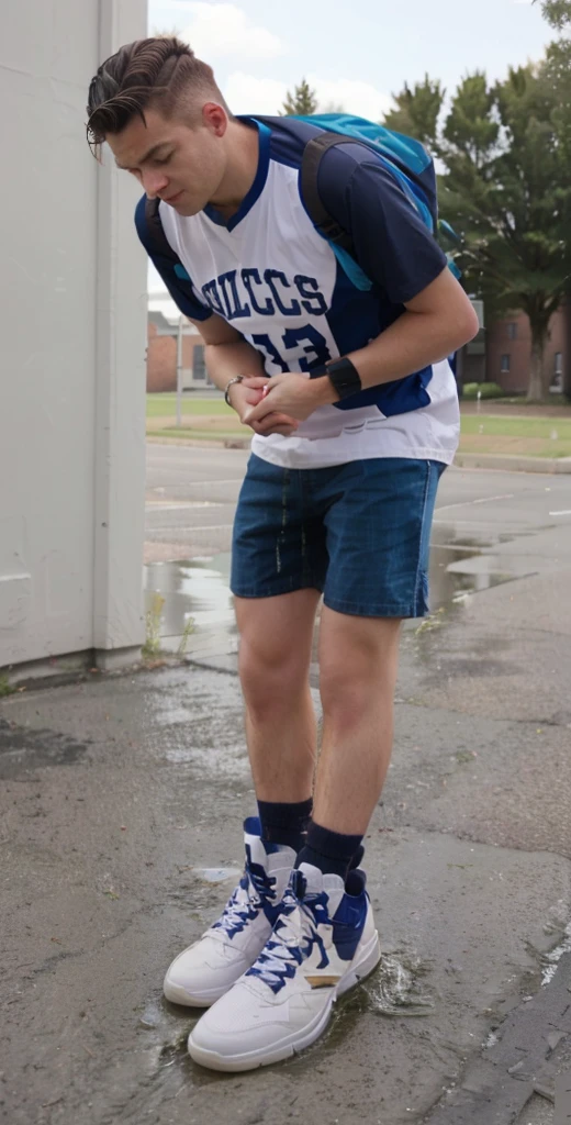A male(male)Real photos of college students.He wet his pants.He pee in shorts.Meet the following requirements：a color,modern day(modern),Must be a real photo(real photo).The expression is more painful (painful) and anxious.he piss his shorts,Wet his pants,The expression is panicked (panicked)and embarrassed.he wears high socks(high socks),He had wet marks on his pants(wet spot),There are small puddles at the foot.His hand clutched over his crotch.His hair is fade.