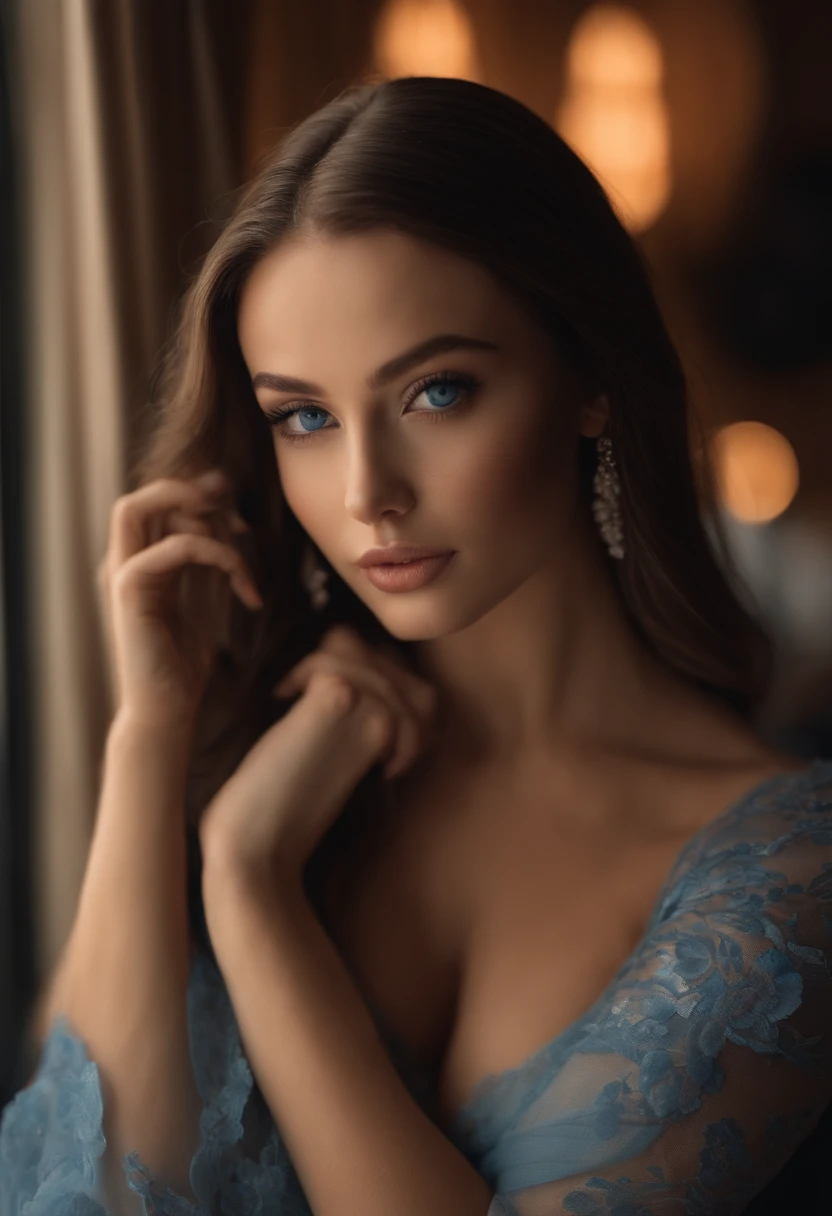 A poised and alluring woman with captivating blue eyes, resembling the ultra-realistic Sophie Mudd. She wears natural makeup, exudes a sexy charm in a short dress, and poses in hotel setting with a prominent bust.