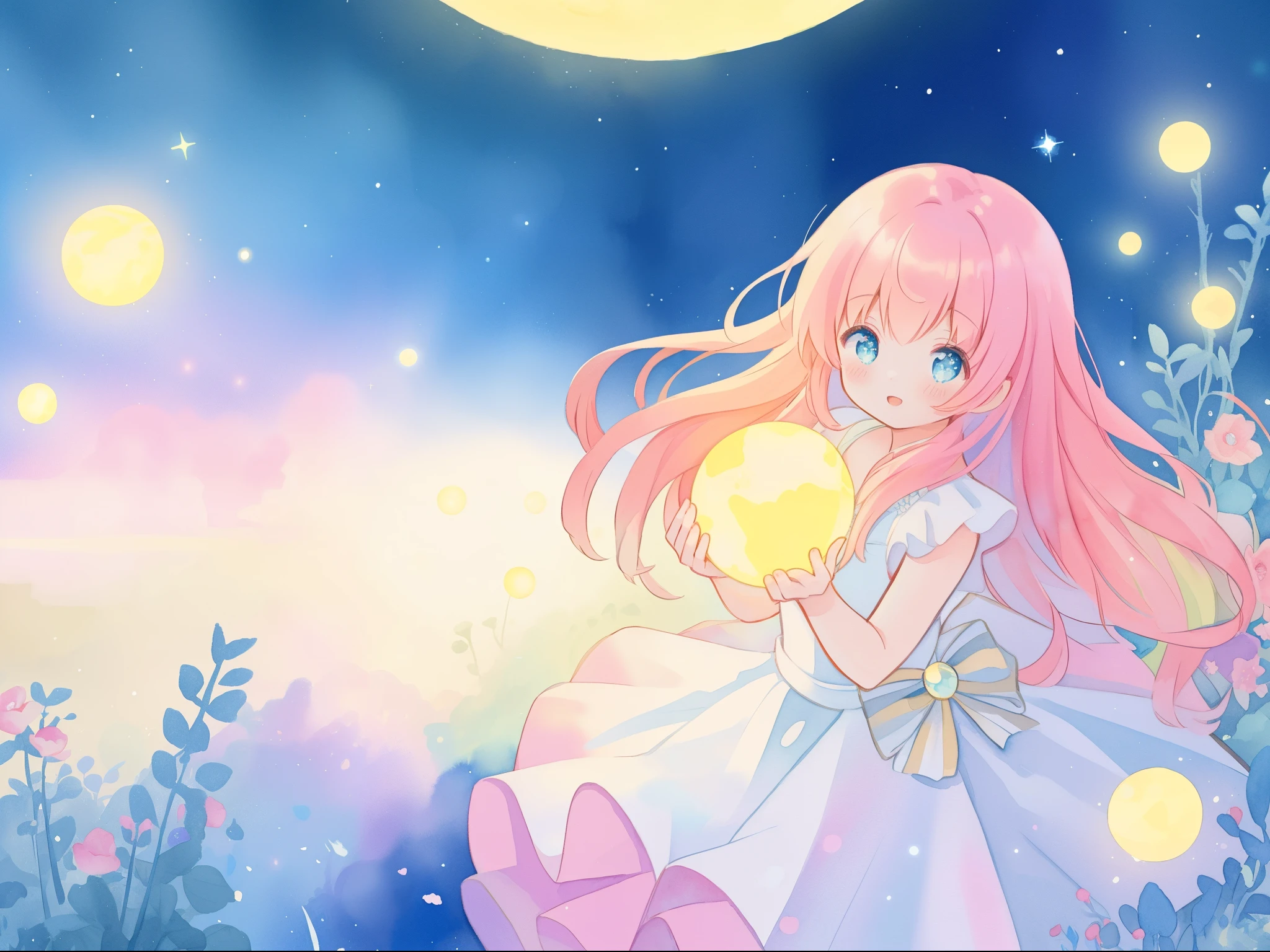 beautiful girl in sparkling white dress holding a magical sphere, ((sparkling puffy layered ballgown)), (magical, whimsical), (glowing magical orb), long flowing colorful hair, colorful fantasia background, watercolor illustration, disney art style, glowing aura around her, glowing lights, beautiful digital illustration, fantasia otherworldly landscape plants flowers, beautiful, masterpiece, best quality, anime disney style