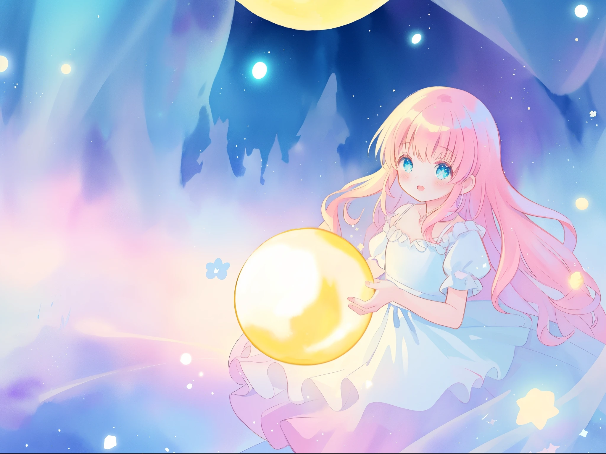 beautiful girl in sparkling white dress holding a magical sphere, ((sparkling puffy layered ballgown)), (magical, whimsical), (glowing magical orb), long flowing colorful hair, colorful fantasia background, watercolor illustration, disney art style, glowing aura around her, glowing lights, beautiful digital illustration, fantasia otherworldly landscape plants flowers, beautiful, masterpiece, best quality, anime disney style