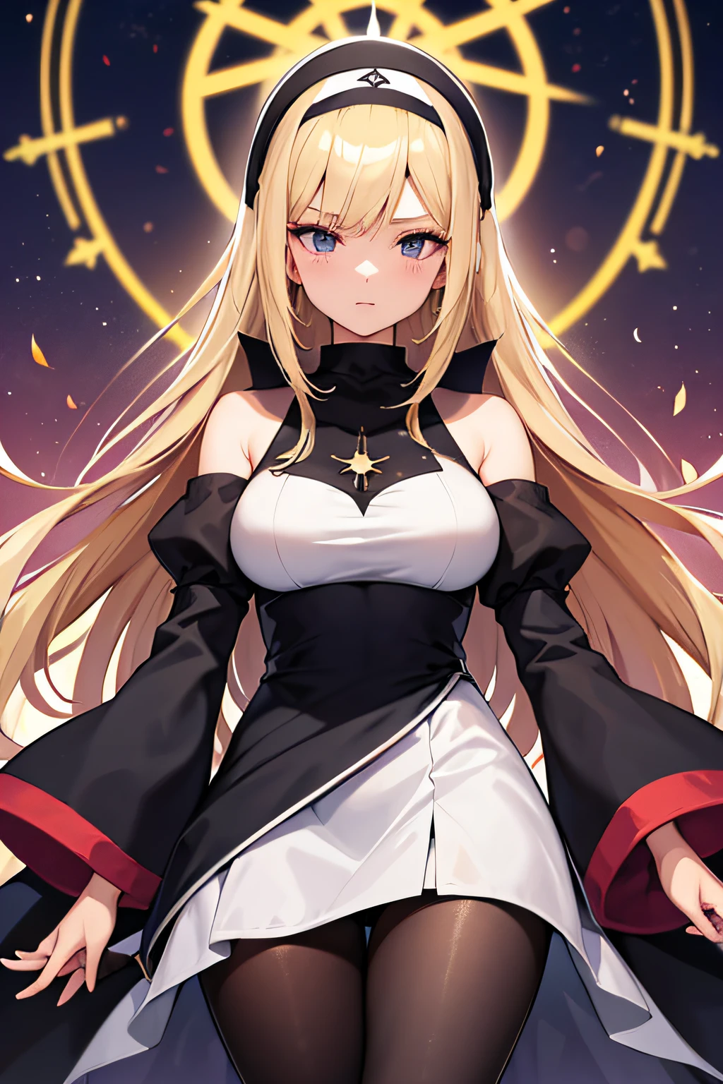 mujer monja adulta de anime de grandes pechos con pelo largo y rubia, con escote, ojos color ambar y sosteniendo un arco en sus manos con una mirada miedosa, arte de anime digital, Fantasia, pantyhose