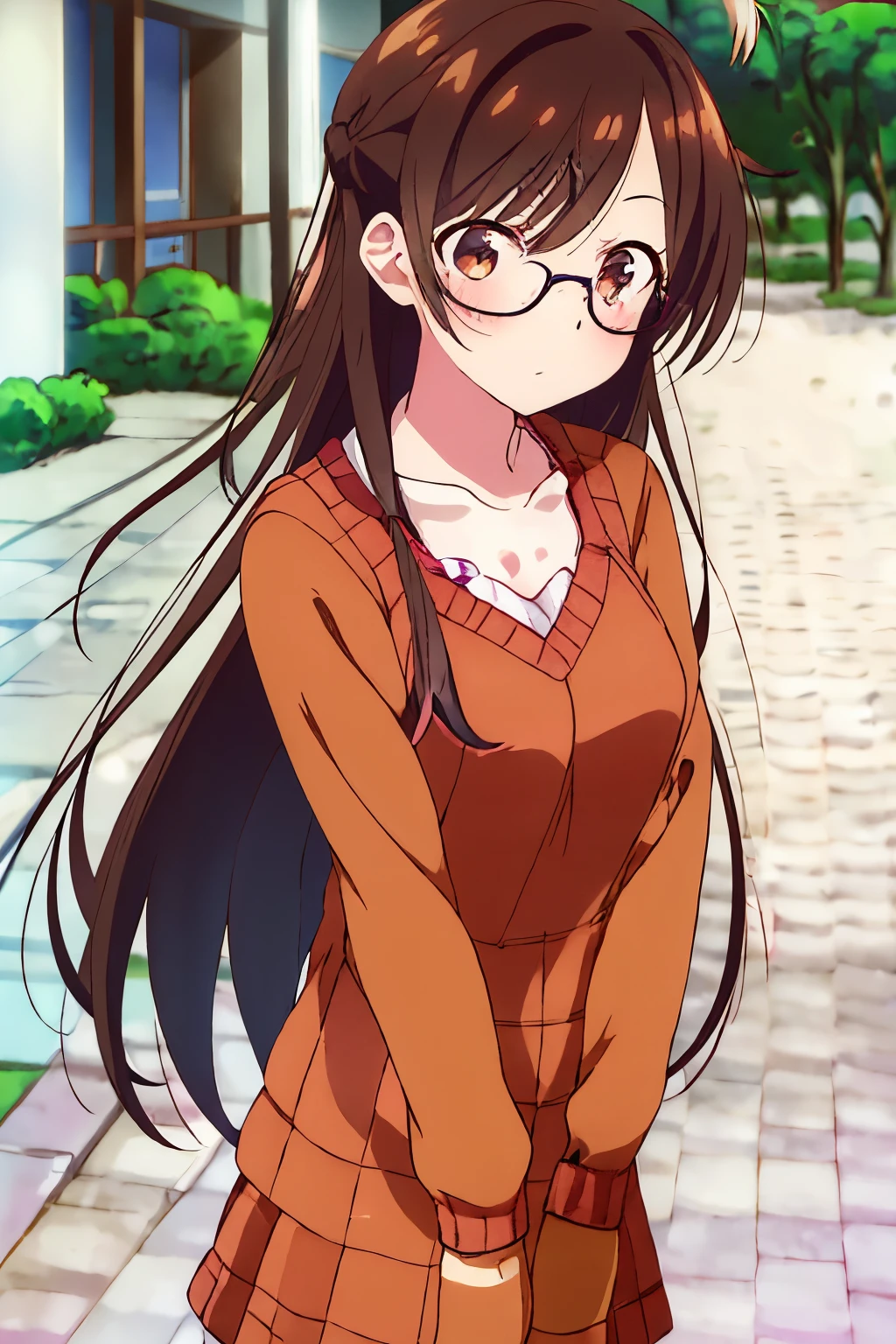 1 girl, alone, chizuru mizuhara, glasses, twin braids, masterpiece, best quality, 8k wallpaper, 1 girl, beautiful detailed eyes, 1 girl, alone, long hair, hair ornament, hairpin, breasts, loose sweater straight black, cleavage, collarbone, brown hair, brown eyes, medium breasts, medium hips, wide thighs,