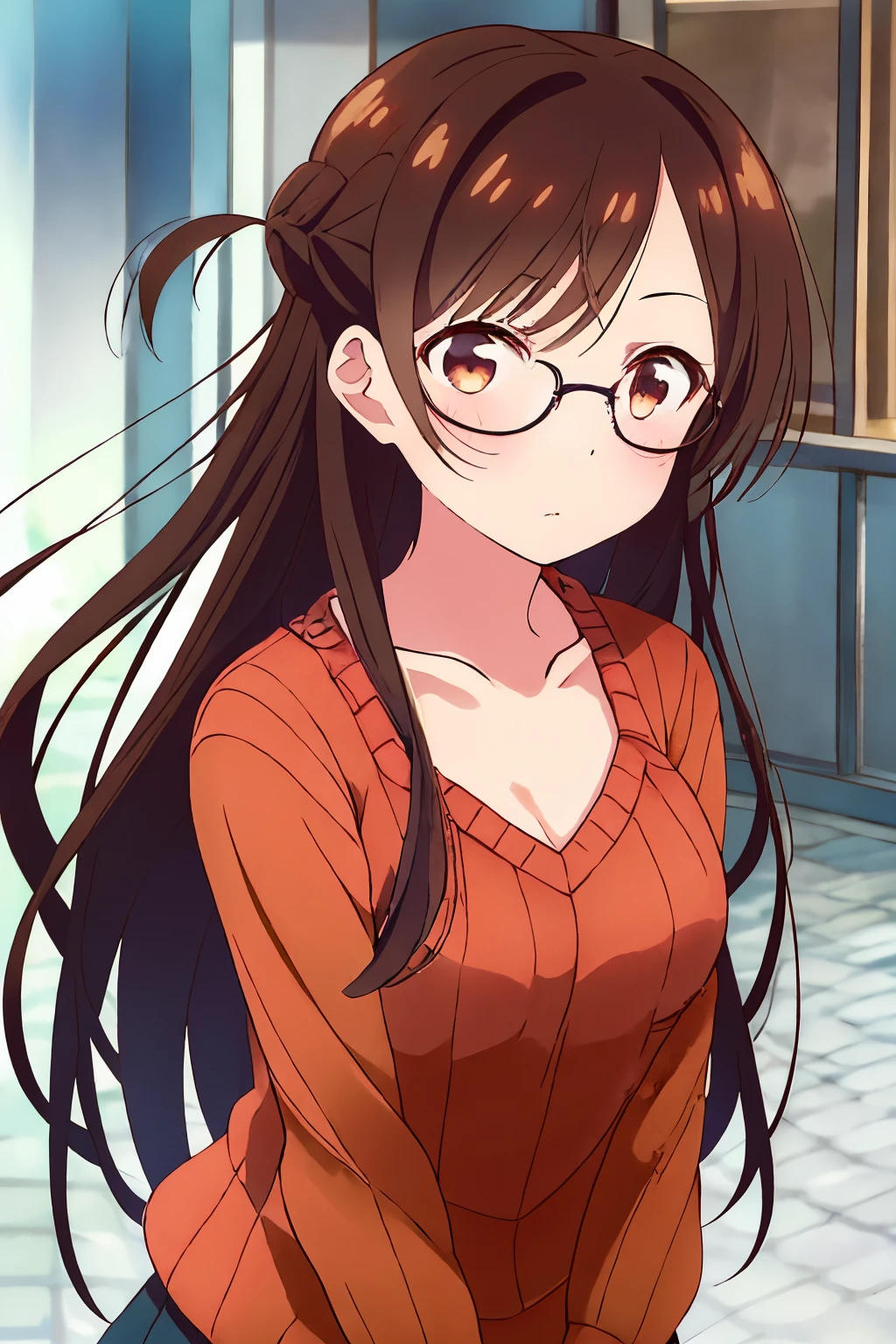 1 girl, alone, chizuru mizuhara, glasses, twin braids, masterpiece, best quality, 8k wallpaper, 1 girl, beautiful detailed eyes, 1 girl, alone, long hair, hair ornament, hairpin, breasts, loose sweater straight black, cleavage, collarbone, brown hair, brown eyes, medium breasts, medium hips, wide thighs,