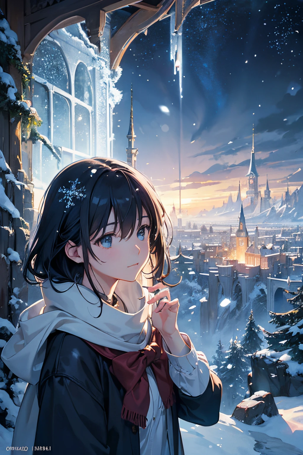 Create exquisite illustrations reminiscent of Makoto Shinkai's style, It has ultra-fine details and top-notch quality. Create an enchanting illustration that captures the essence of winter with a focus on a girl, infusing elements of the extraordinary, and achieving the pinnacle of nostalgia and fantasy. Imagine a scene where the winter setting is adorned with whimsical details such as softly falling snowflakes, a touch of magical ambiance, and perhaps a mysterious companion or fantastical creature accompanying the girl. Incorporate non-traditional elements that evoke a sense of wonder and transport viewers to a world where the ordinary transforms into a magical spectacle. The overall atmosphere should be exceptionally nostalgic, offering a visual experience that blends the charm of winter with a touch of otherworldly magic.